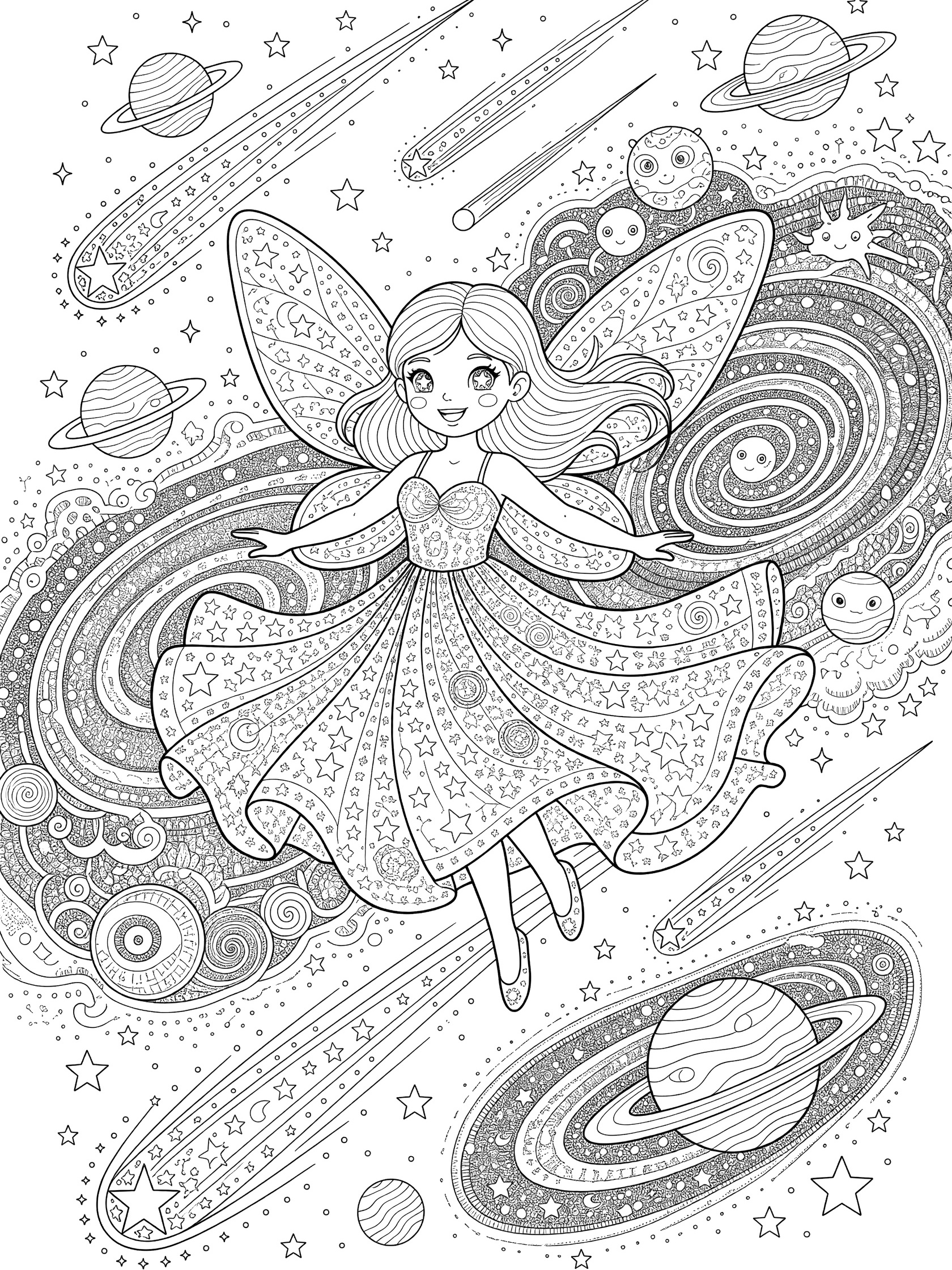Detailed zentangle coloring page showing a kawaii Bardot star fairy with wings and flowing dress surrounded by galaxy swirls, cute planets, comet trails, and cosmic stars.