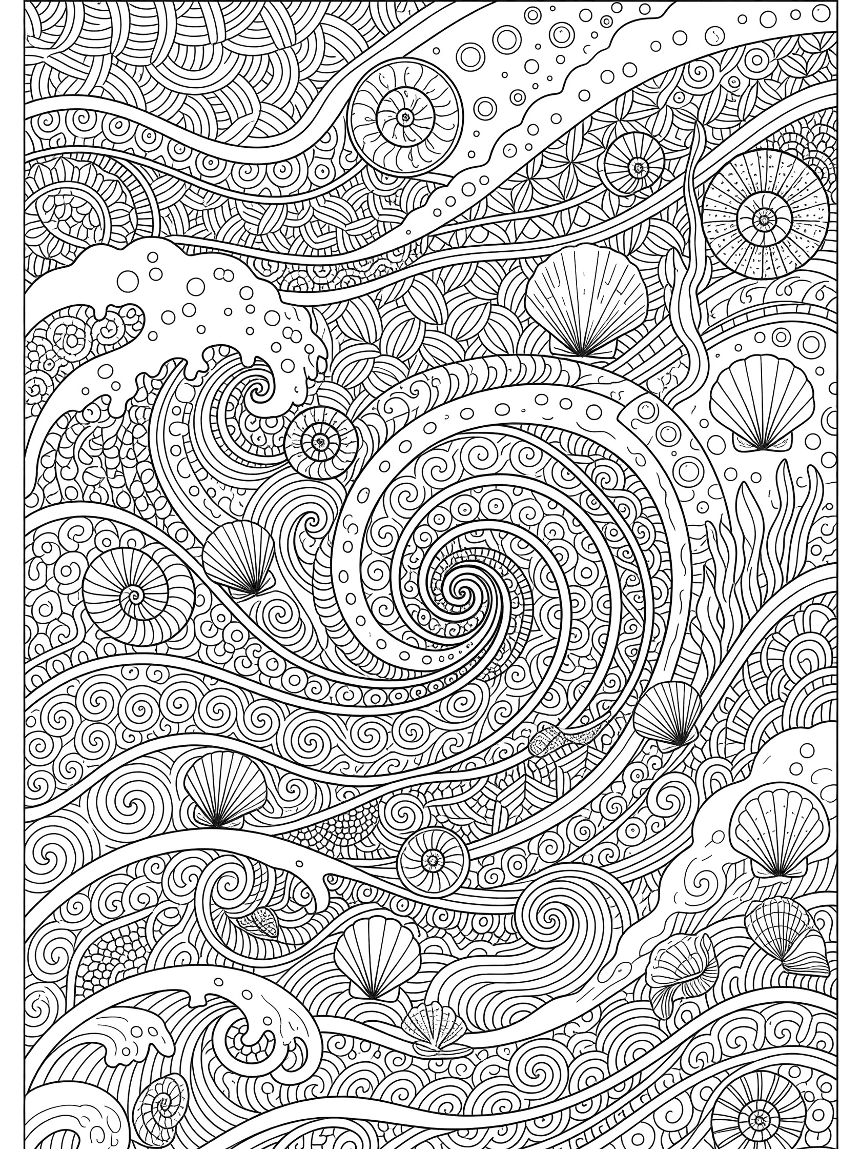 Detailed line art coloring page featuring Bardot ocean waves with Zentangle patterns, seashells, bubbles, and seaweed tendrils around a central swirling vortex.