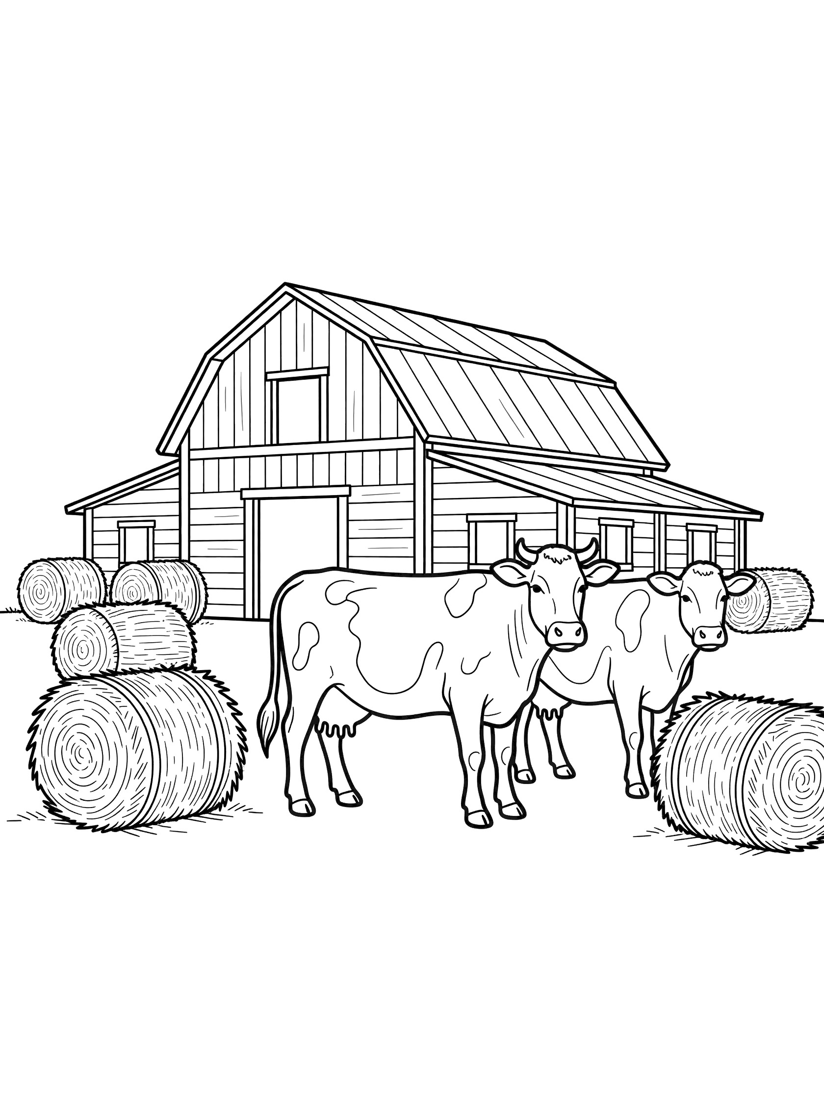 Black and white line art coloring page showing two cows standing in front of a barn with hay bales around them