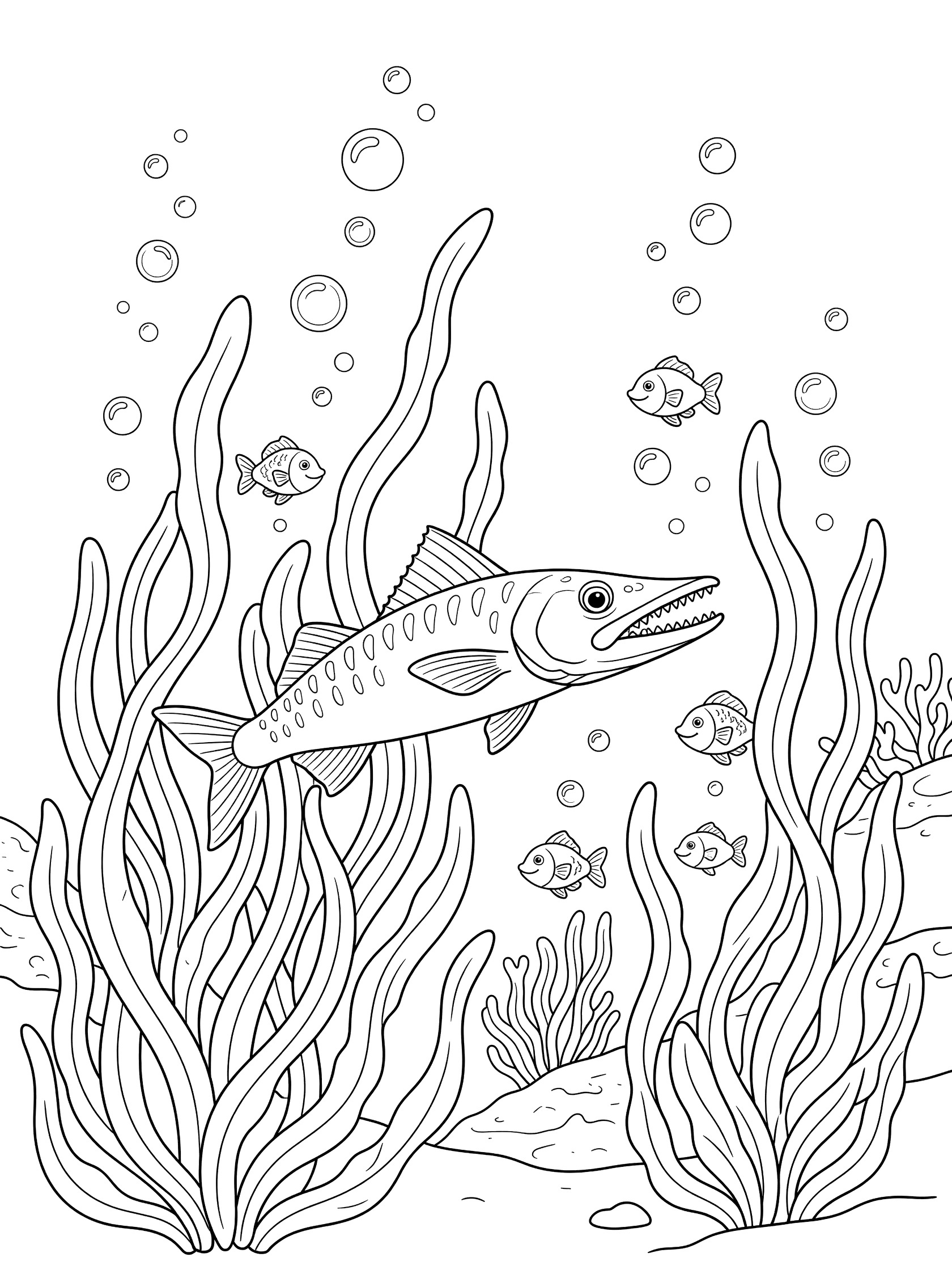 Black and white line art coloring page showing a barracuda fish near tall seaweed, small fish, and bubbles in an underwater scene.