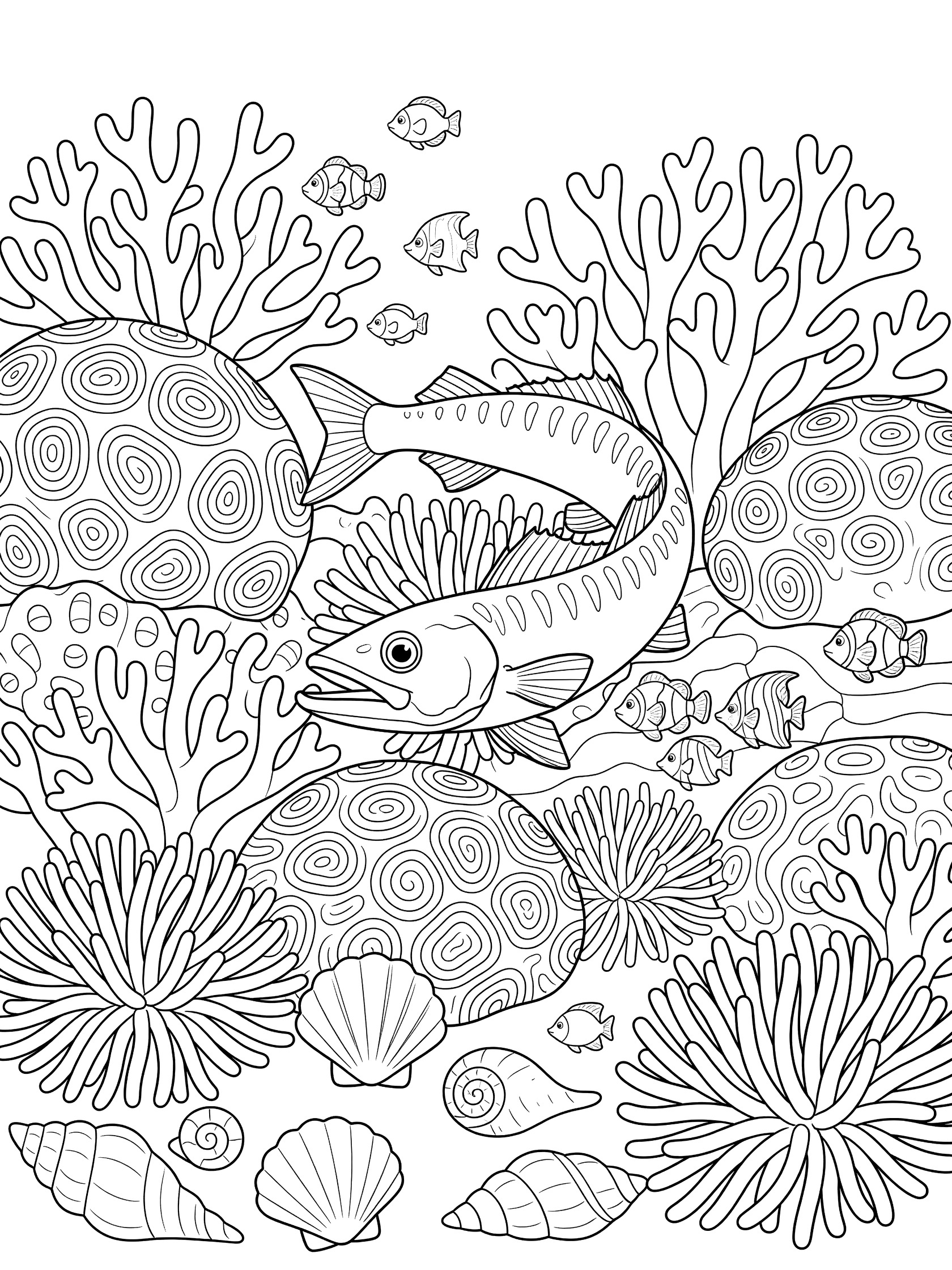 Black and white line art coloring page showing a barracuda fish weaving between corals, with small fish, sea anemones and shells on the ocean floor.