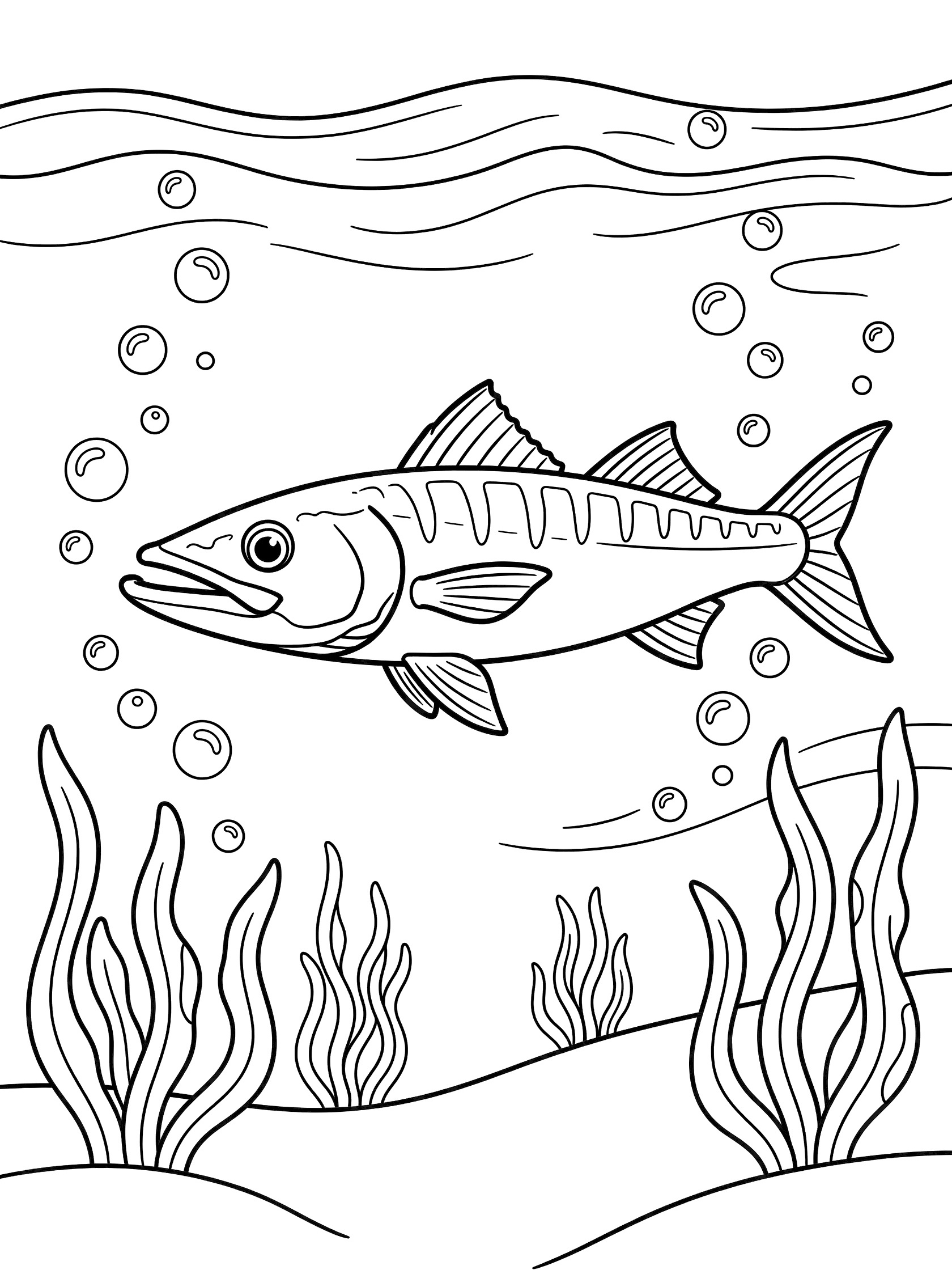 Black and white line art coloring page showing a barracuda fish with open mouth swimming underwater, surrounded by bubbles, wavy water lines, and seaweed strands.