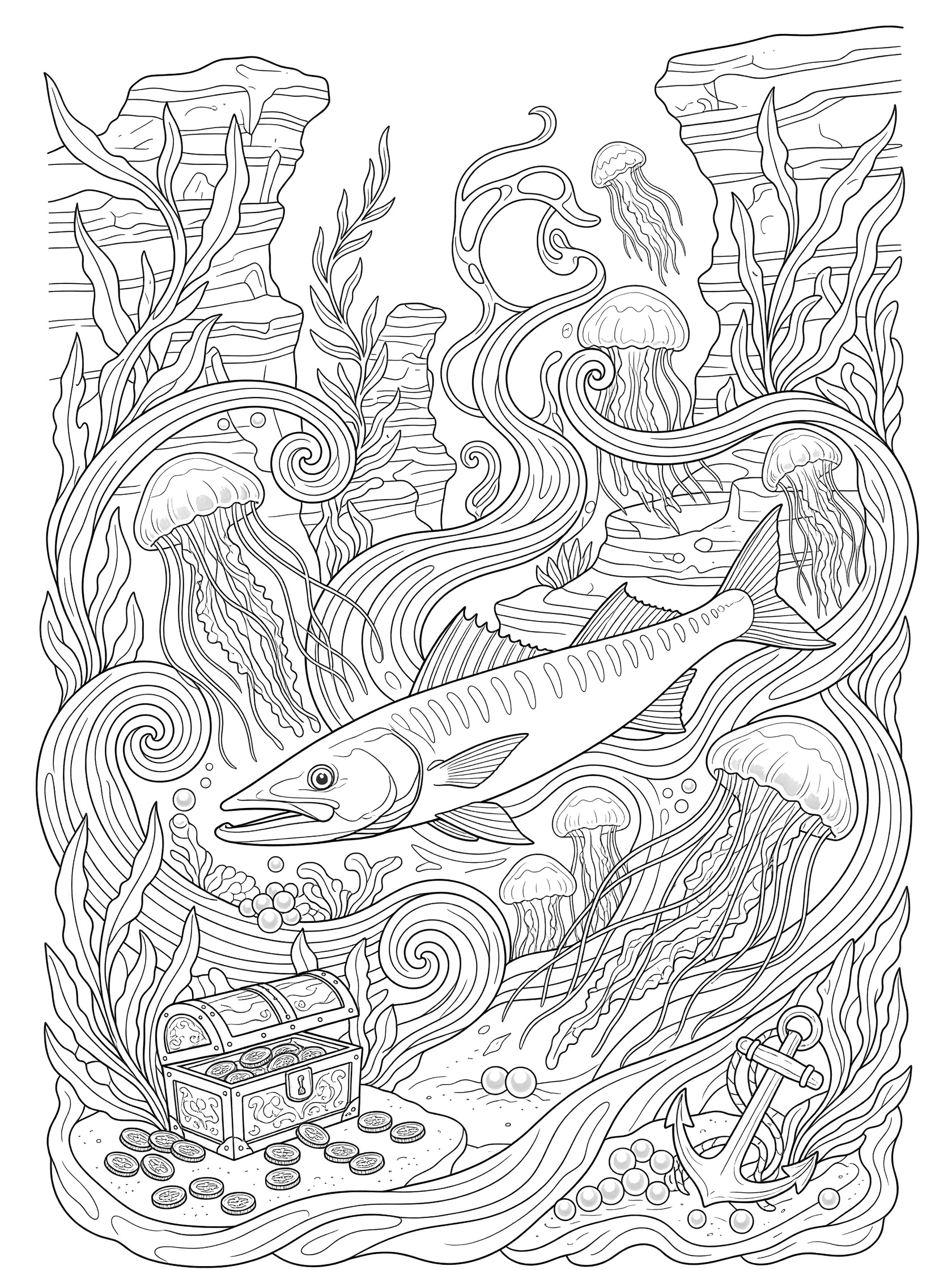 Black and white line art coloring page showing a barracuda fish swimming amid jellyfish, seaweed, rocks, treasure chest and anchor in the ocean.