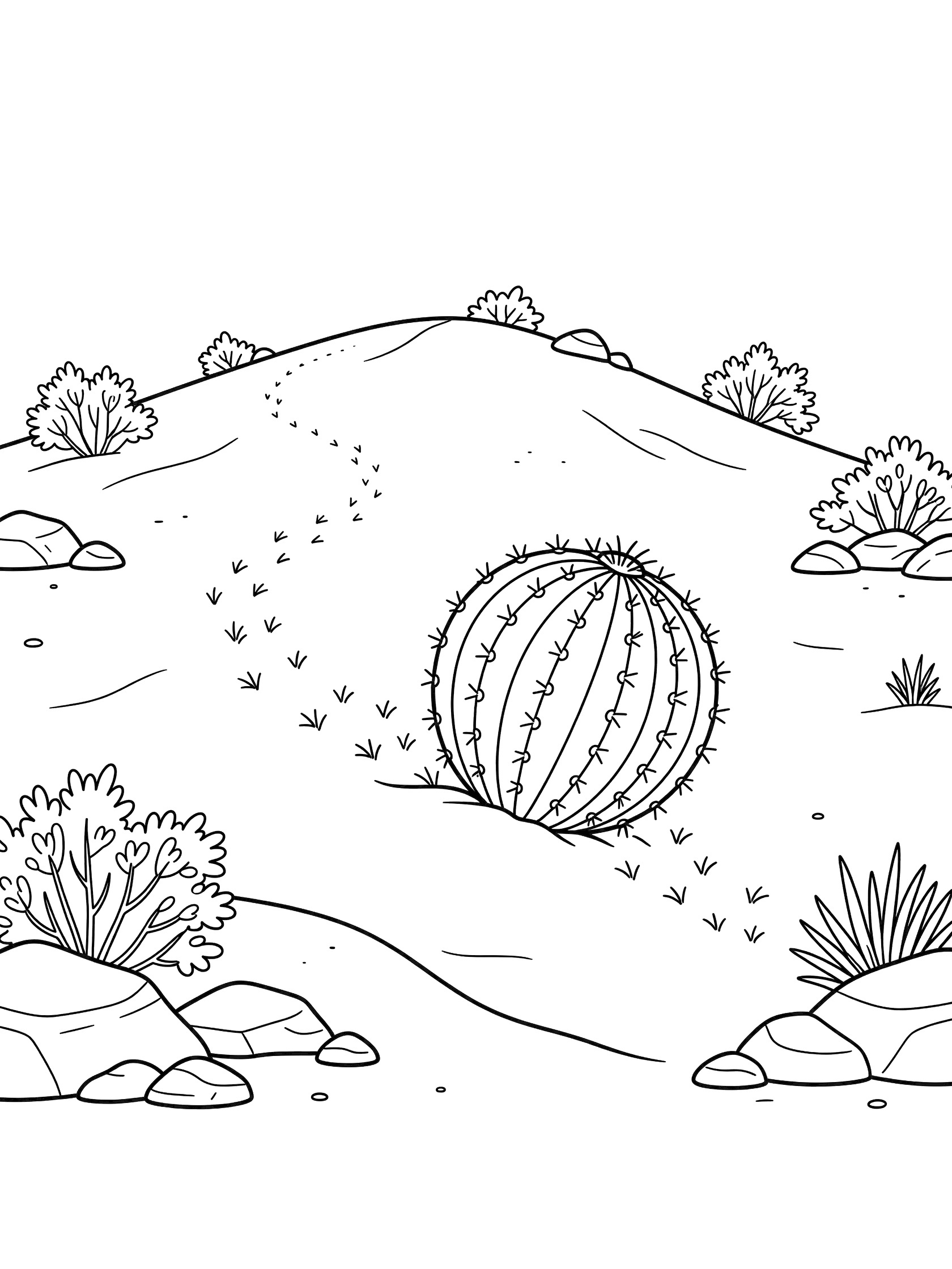 Line art coloring page showing a barrel cactus rolling down a gentle sandy hill in the desert, with rocks, sparse bushes, and a trail of small spines.
