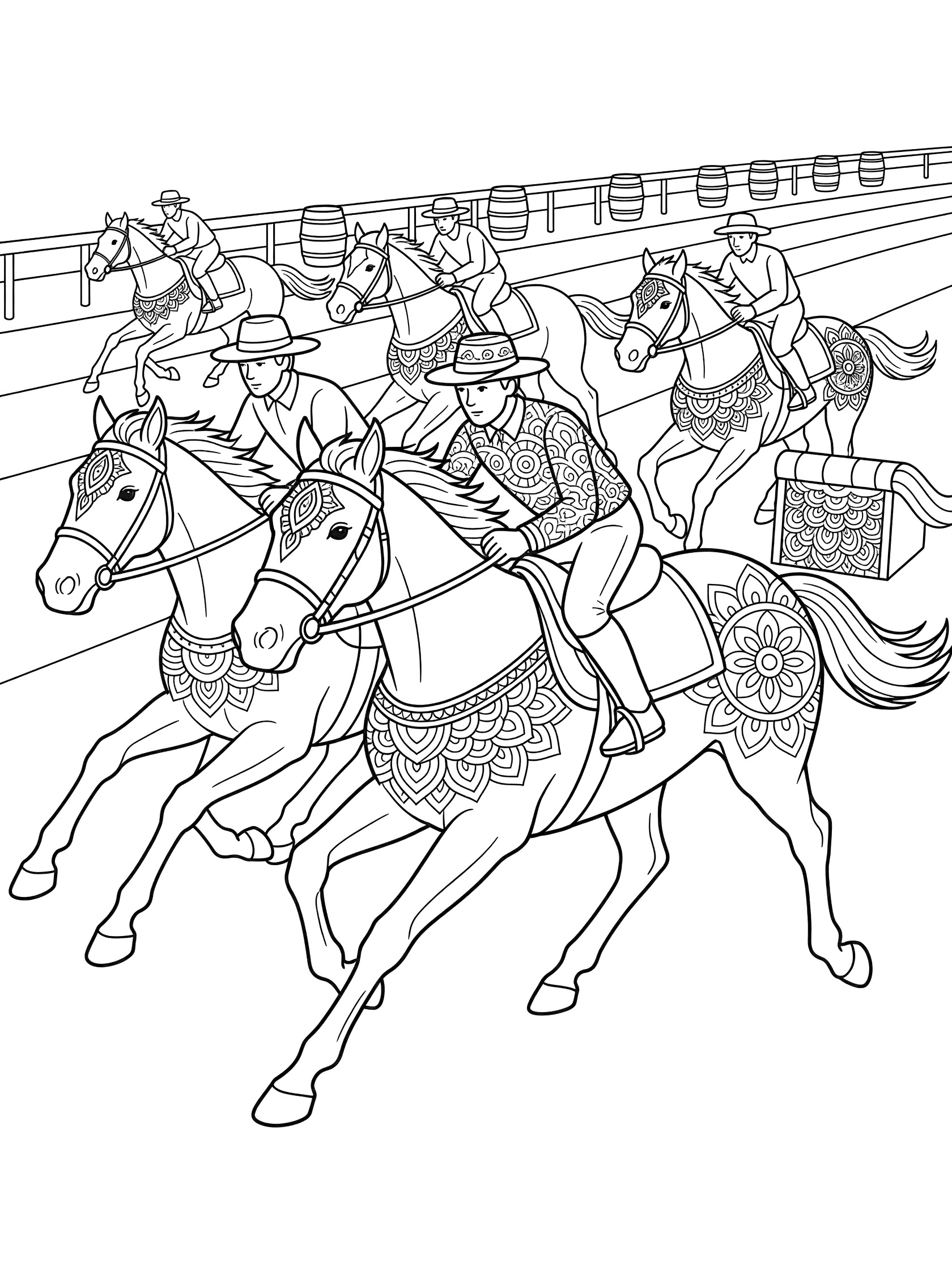 Black and white line art coloring page showing multiple horses with riders speeding around barrels in a race.