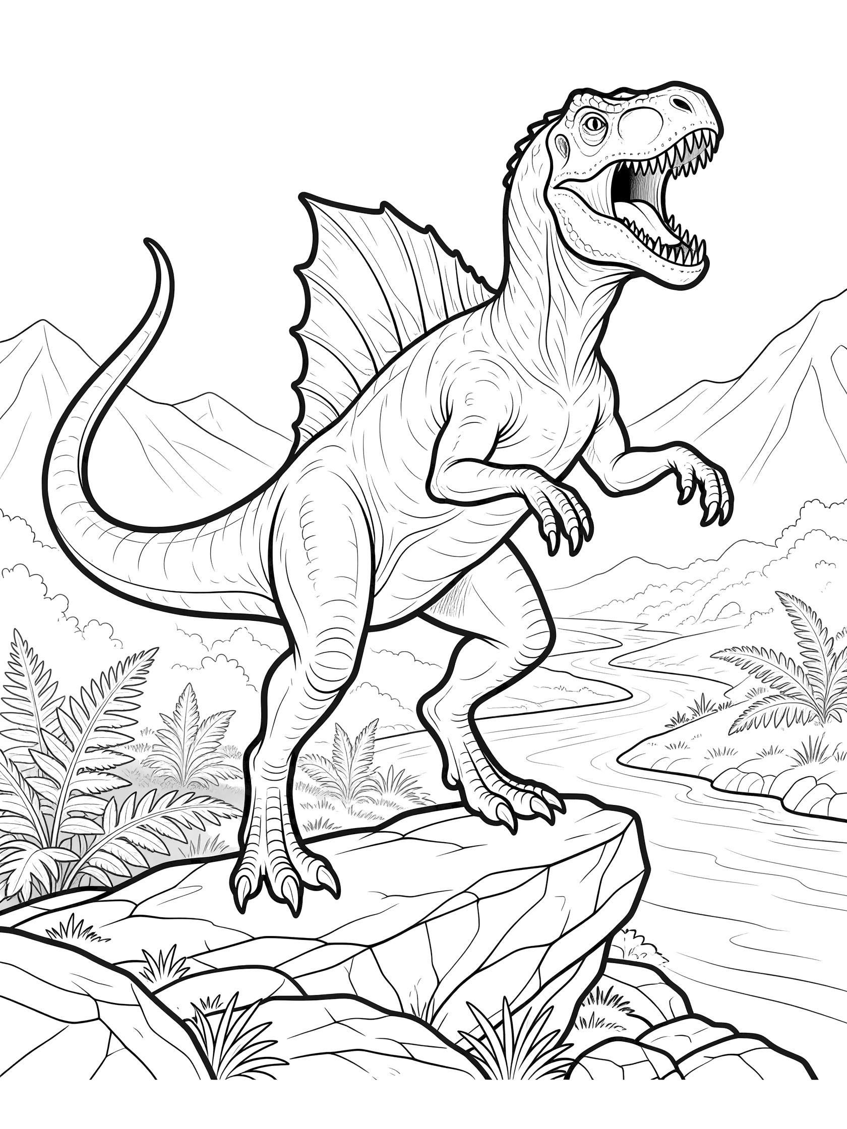 Black and white line art coloring page of Baryonyx dinosaur rearing up roaring on jagged rocks with sail fin, claws, tail, misty ferns, river and distant mountains.