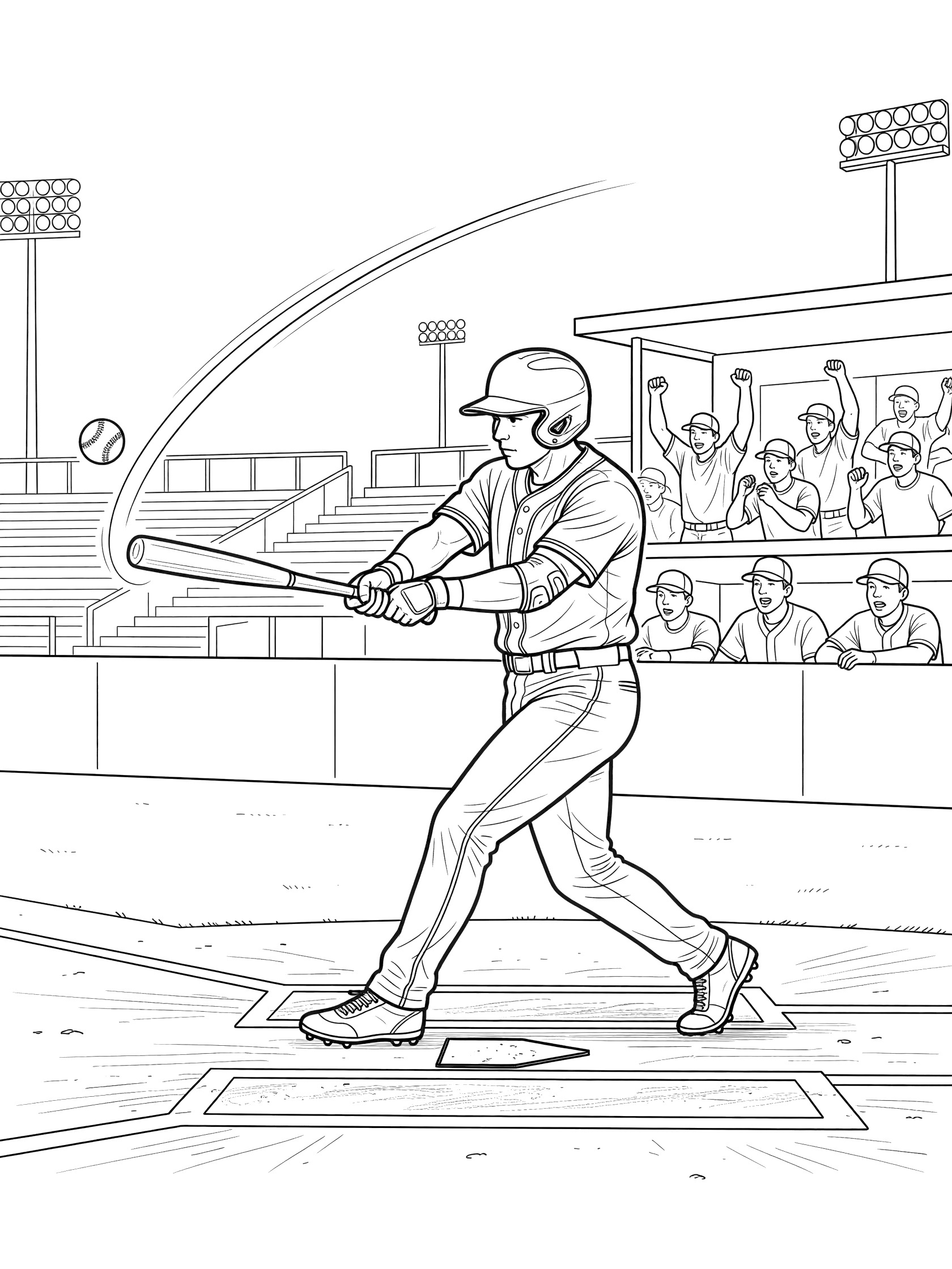 Black and white line art coloring page showing a determined baseball batter fouling off a high pitch with a body twist, ball arcing behind home plate, stadium lights and cheering teammates in dugout.