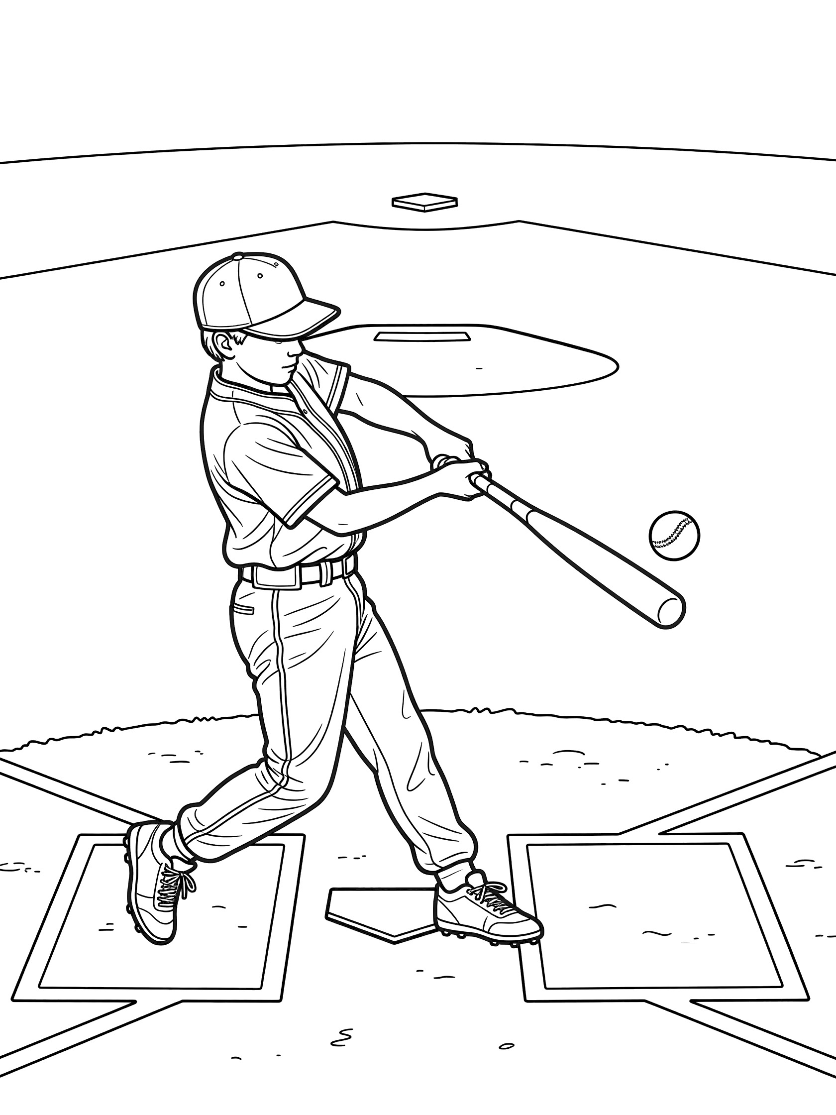 Black and white line art of a kid batter in uniform swinging a baseball bat to hit the incoming pitch near home plate with bases visible.
