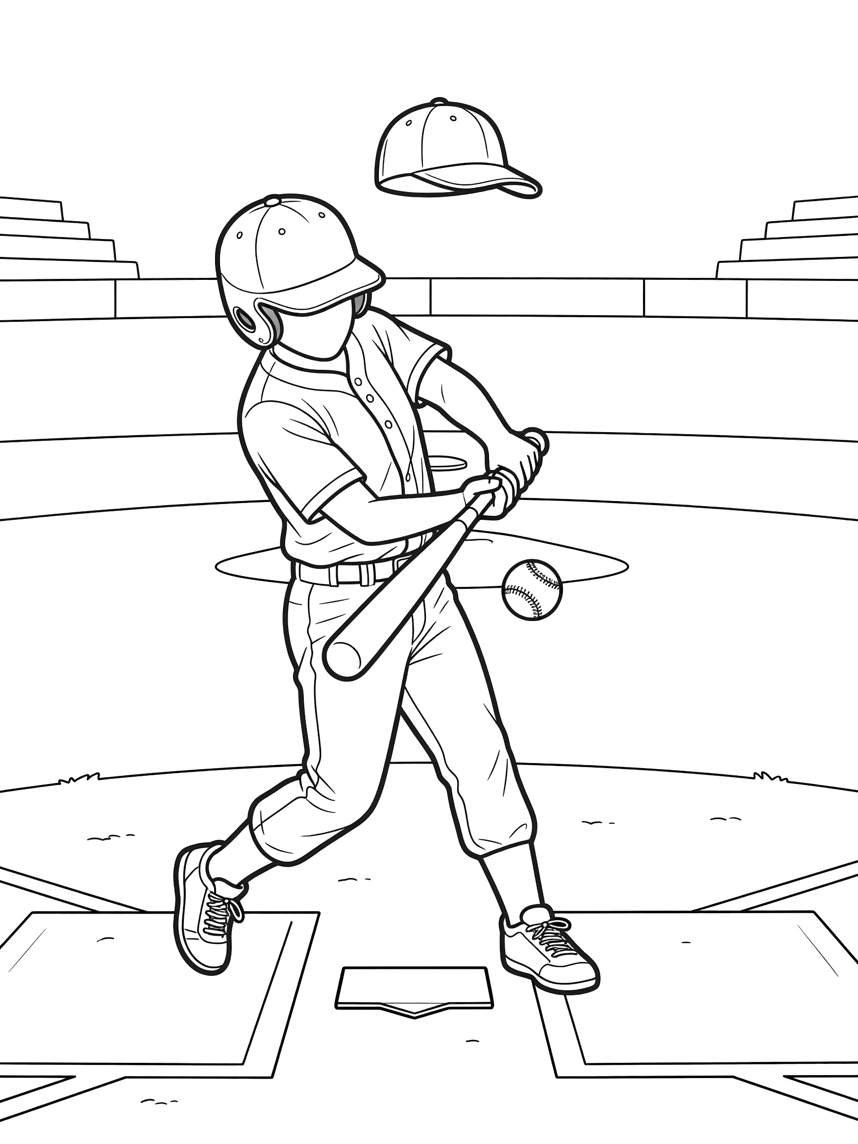 Black and white coloring page showing baseball batter wearing cap, swinging bat to hit incoming ball at home plate with flying cap and stadium background.