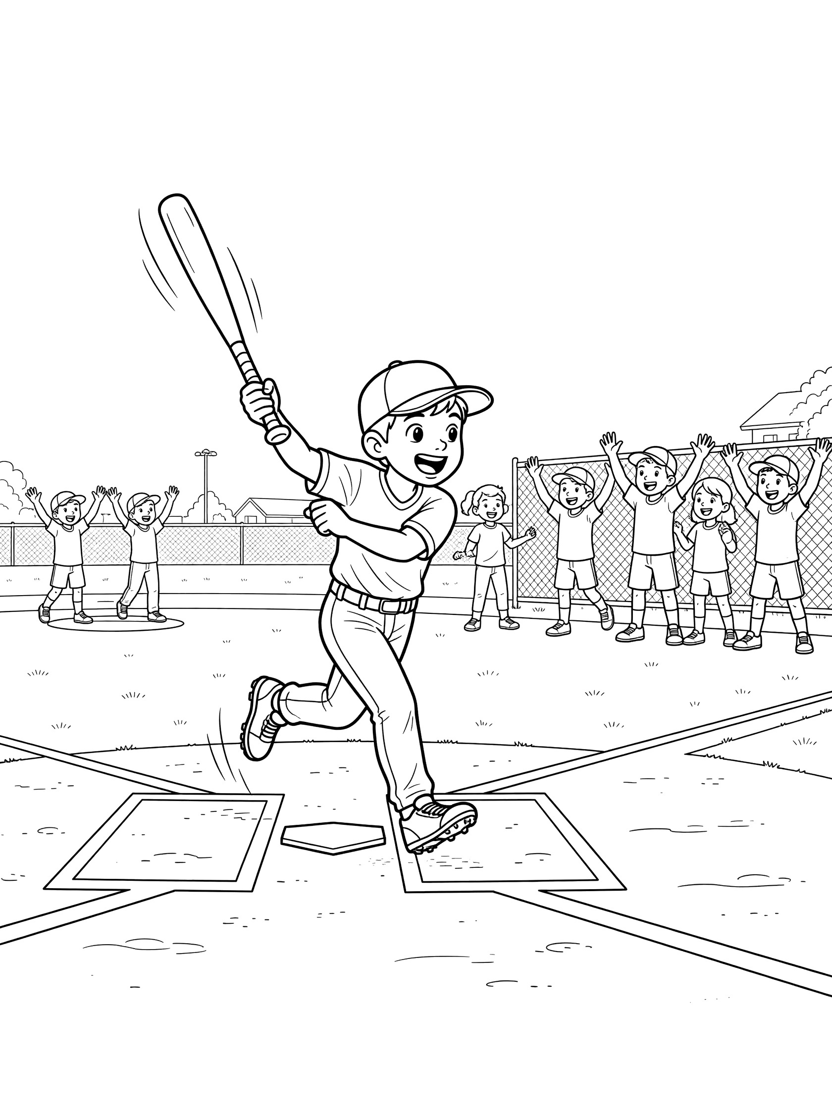 Excited young baseball batter in uniform tossing bat behind him after hitting a triple, sprinting from home plate to first base toward third. Teammates wave and cheer behind the fence. Clean line art coloring page.