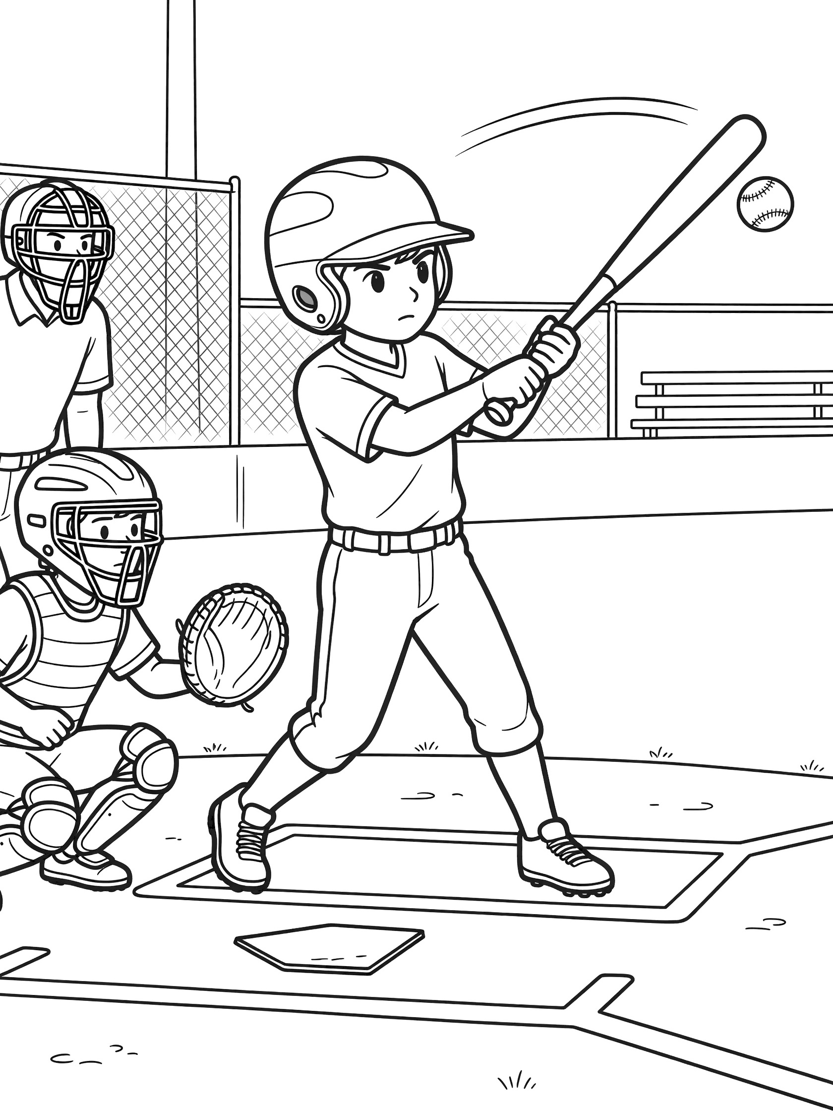 Batter in baseball uniform poised with bat, watching fastball pitch, catcher and umpire nearby, clean line drawing coloring page