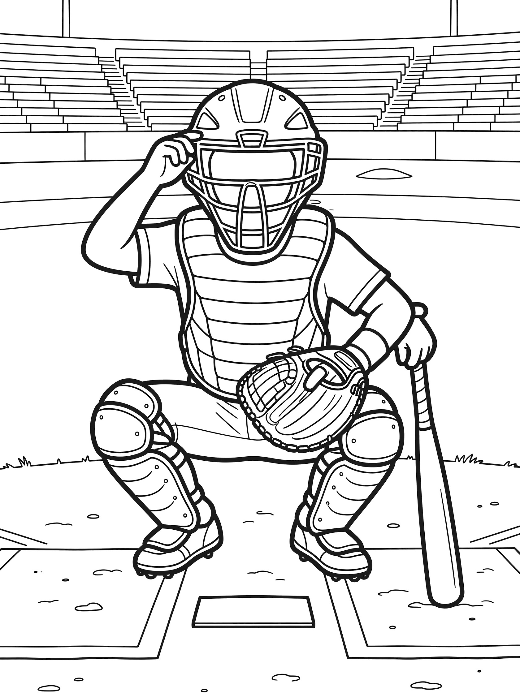 Black-and-white coloring page of a baseball catcher in full gear squatting behind home plate, one hand adjusting cap under mask, holding bat in stadium.