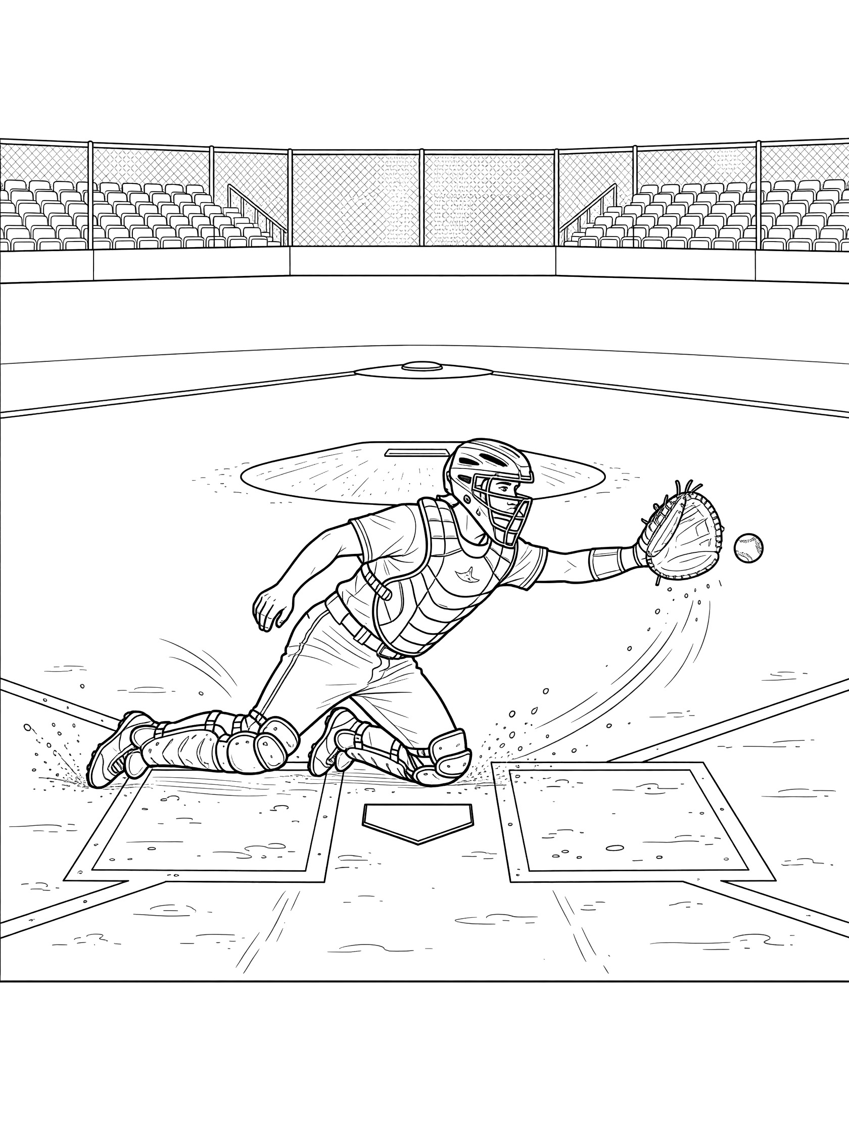 Black and white line art of catcher in gear diving on the dirt to block wild pitch with mitt at home plate, baseball diamond and stadium in background
