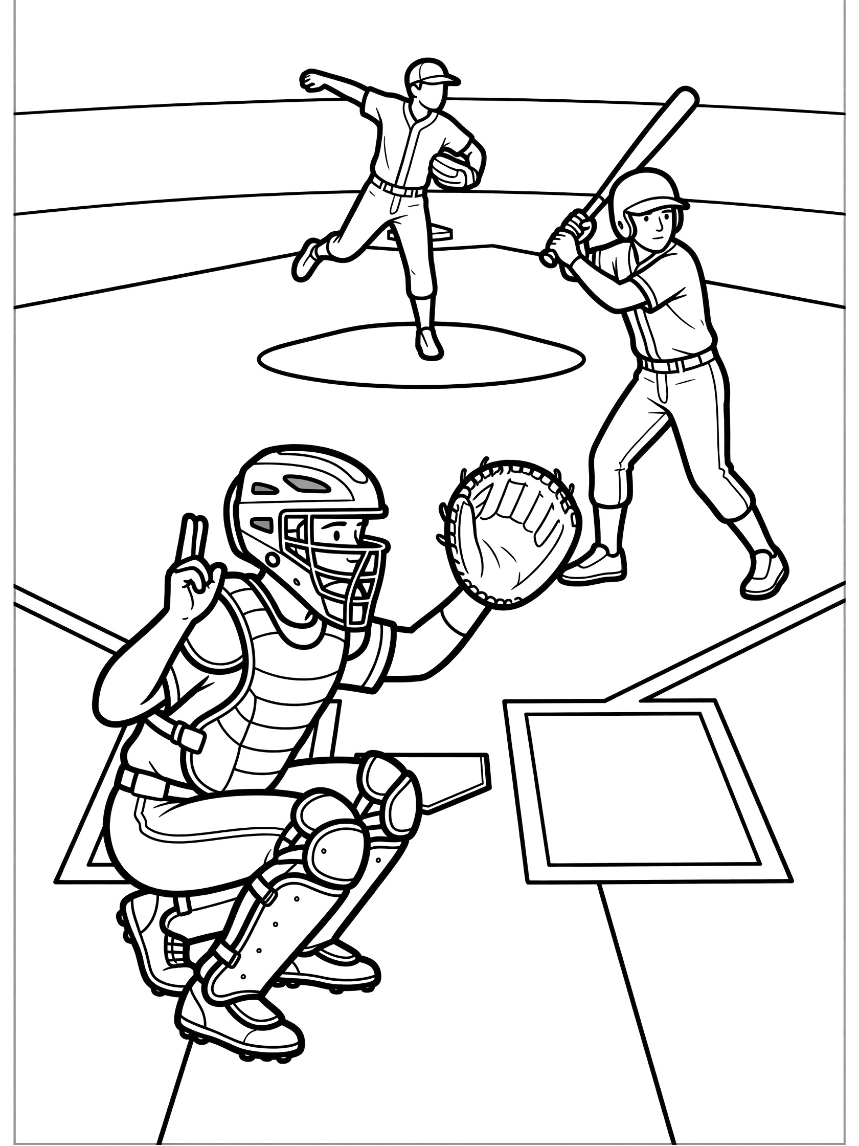 Black and white line art of catcher in full gear signaling with fingers to pitcher while holding mitt, batter ready at plate on baseball field.