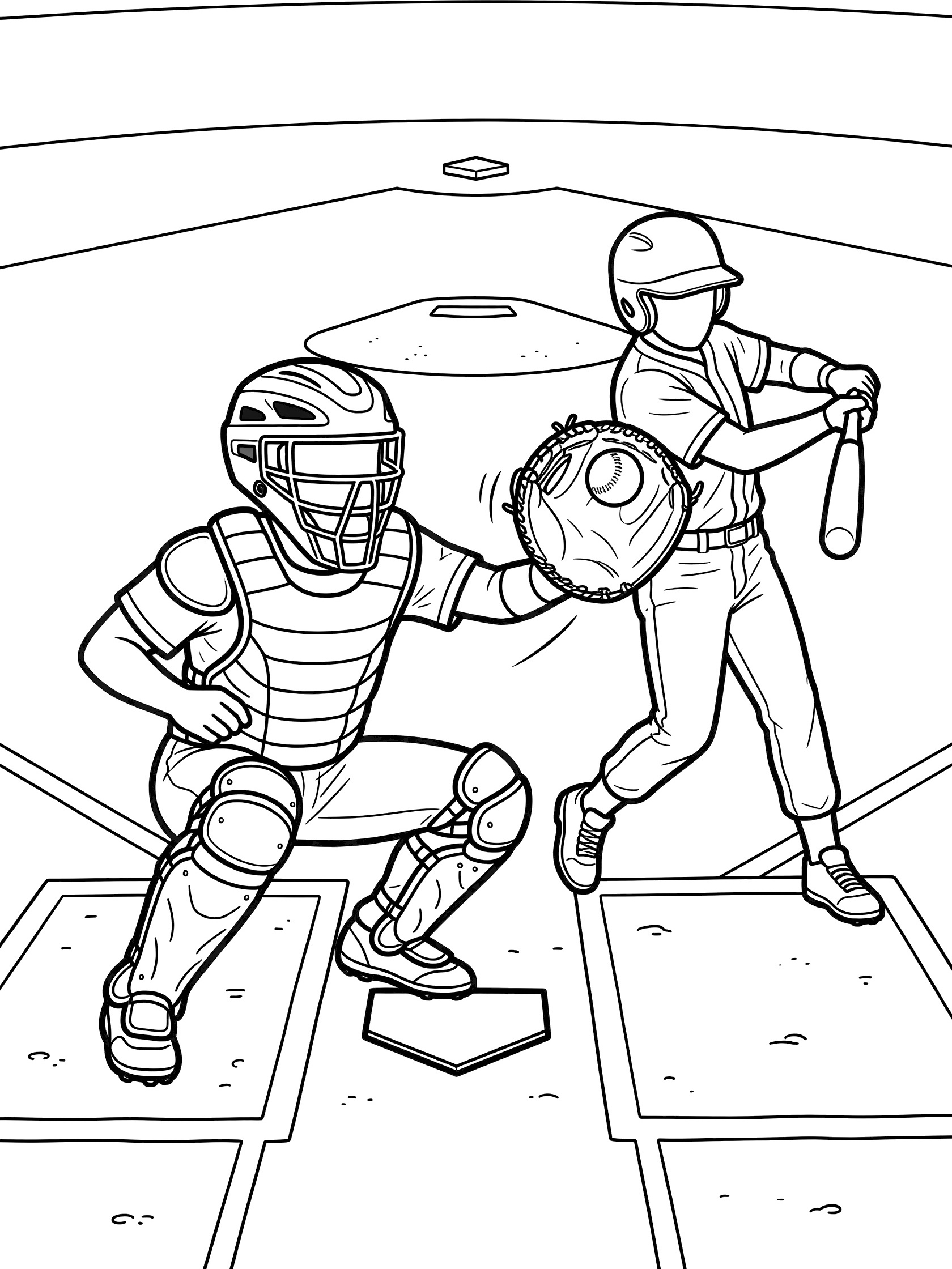 Black and white line art of a catcher in protective mask, chest protector, and large mitt, squatting to catch a baseball as the batter swings his bat near home plate on the field.
