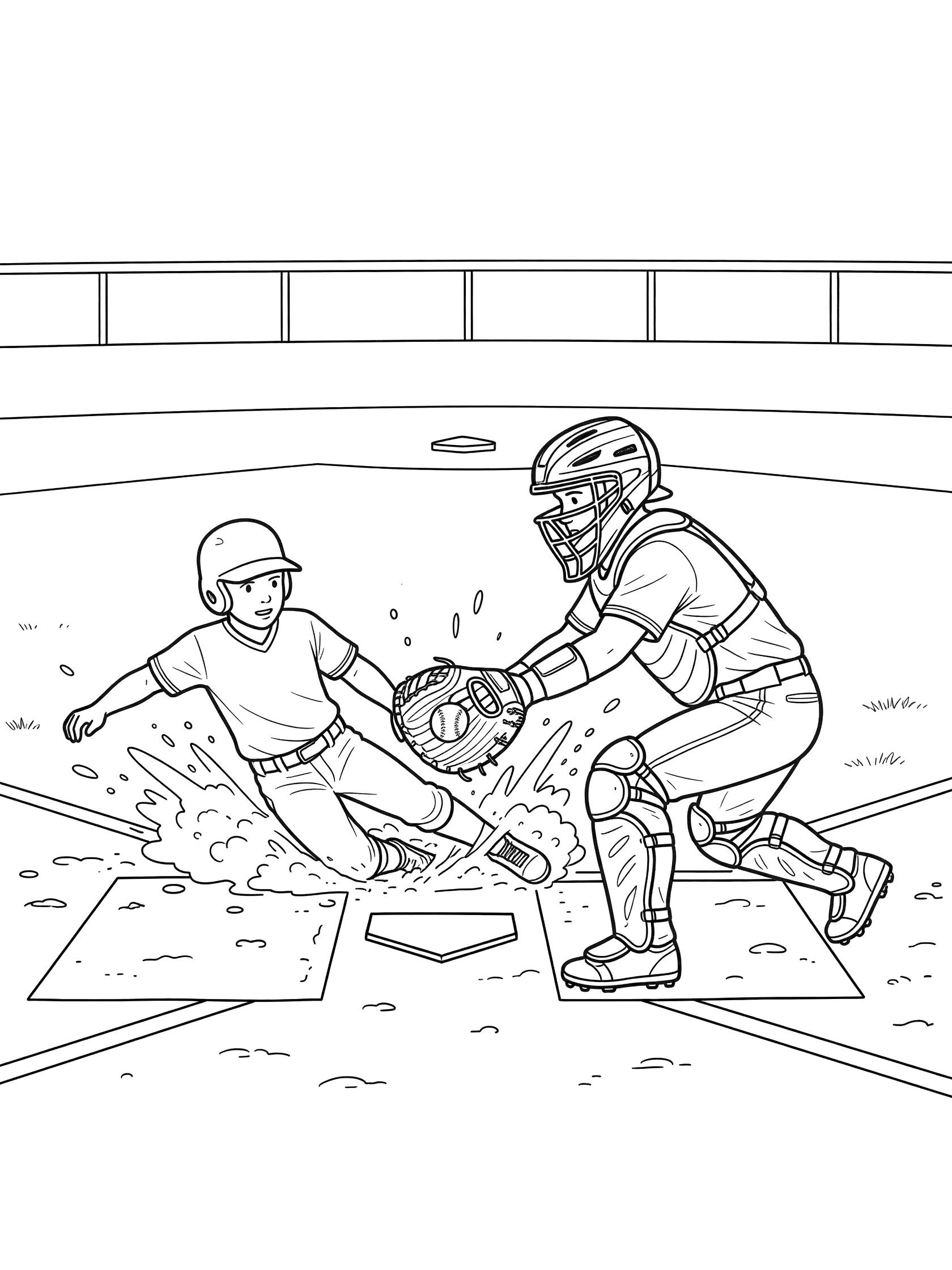 Black-and-white coloring page of a baseball catcher in mask and gear lunging with glove to tag a boy runner sliding into home plate with dirt flying up.