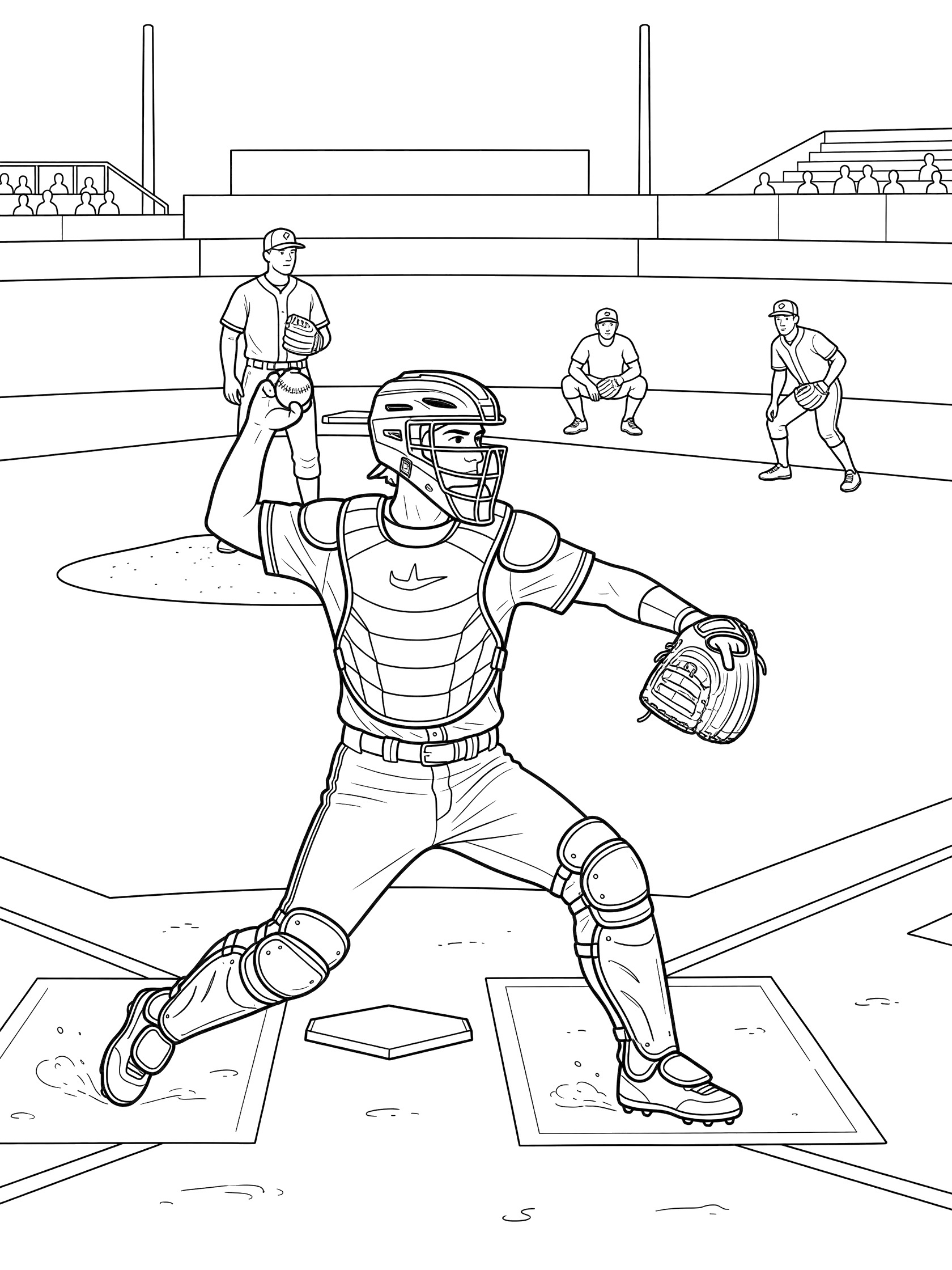 Black-and-white coloring page of a catcher in full gear throwing a baseball from behind home plate to second base, with pitcher and fielders watching.