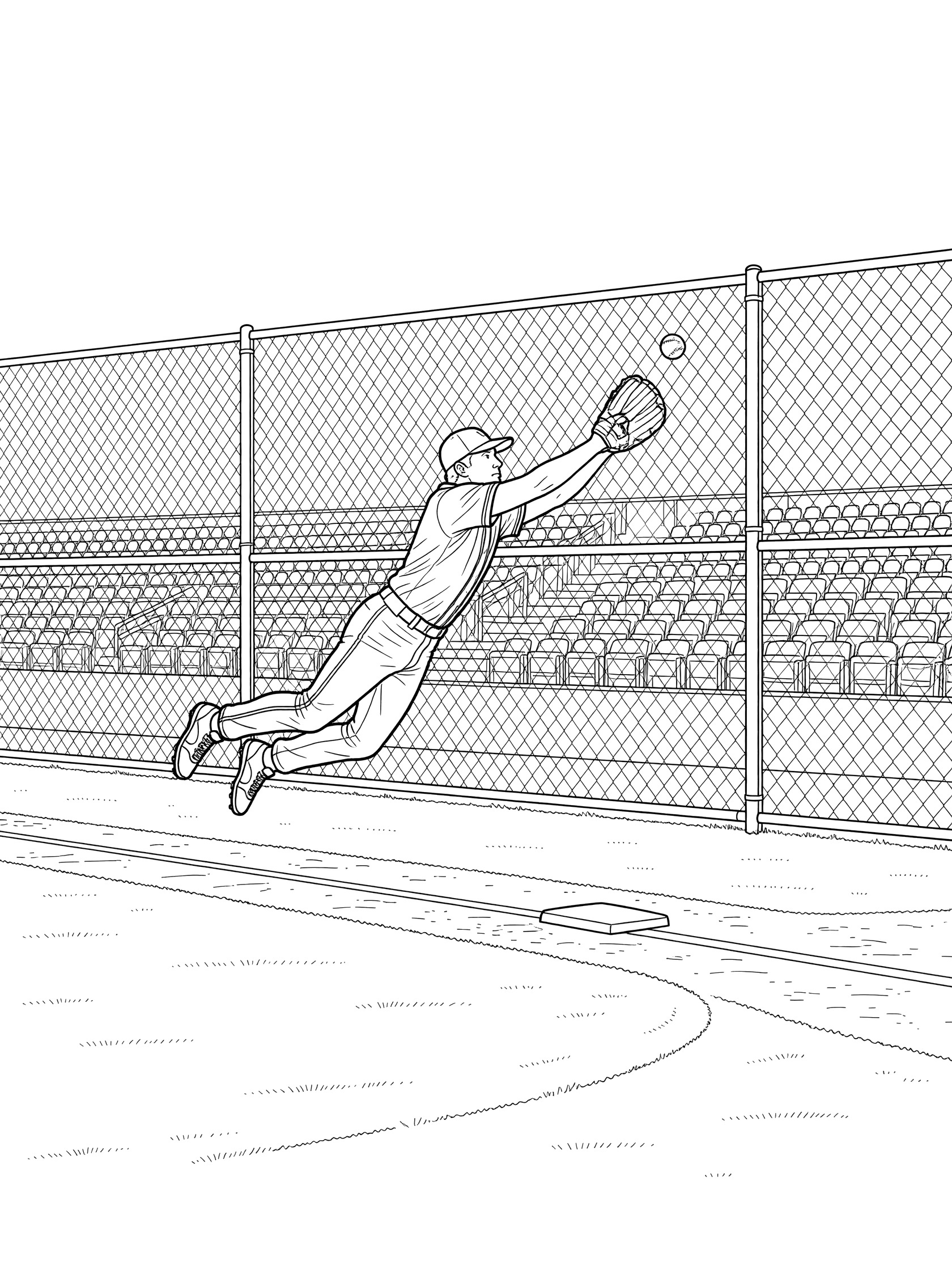 Line art coloring page showing a baseball player diving with glove extended toward chain-link fence to catch a fly ball near stadium seats