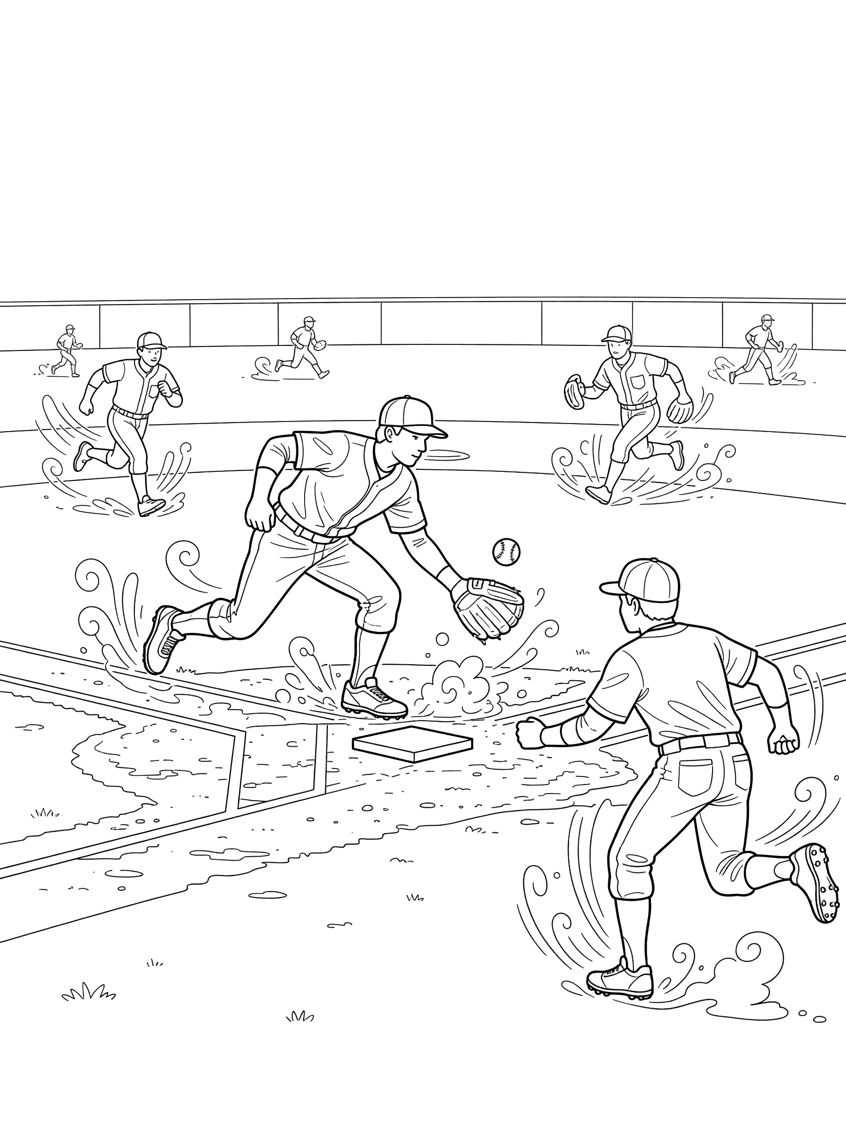 Line art coloring page showing infielder scooping baseball ball on ground near second base with running players and motion swirls on dirt field.