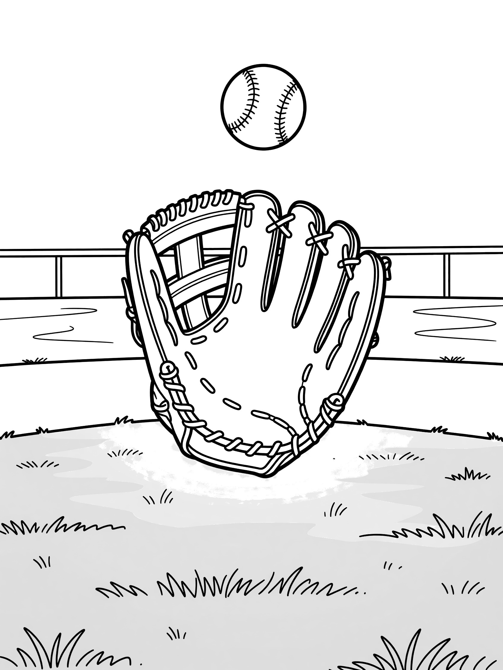 Black and white line art of a large open baseball glove catching a high fly ball above green grass and an outfield fence.