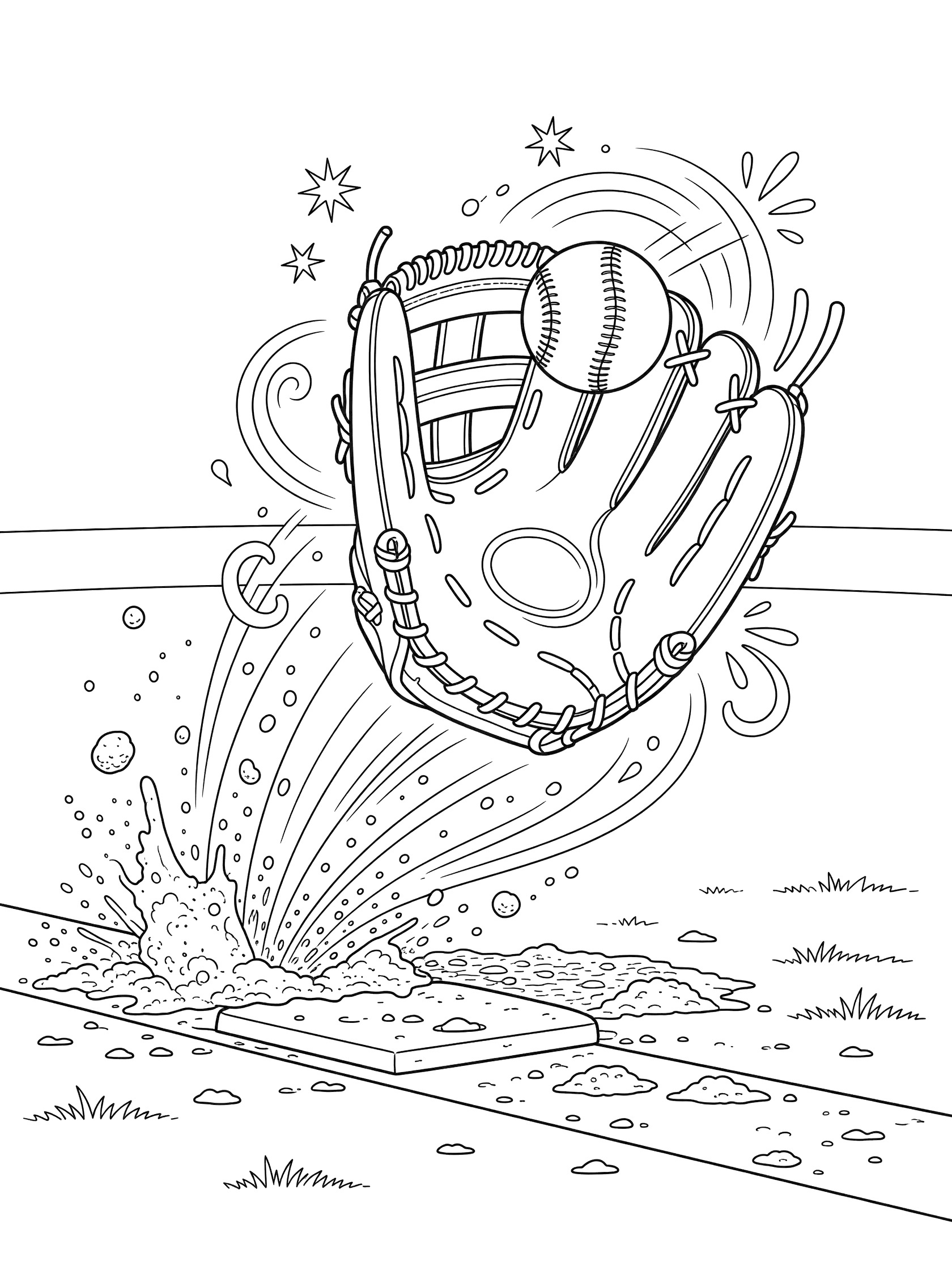 Black and white line art of a baseball glove diving to catch a baseball near the foul line, with swirling motion lines, flying dirt clods, and playful doodles.