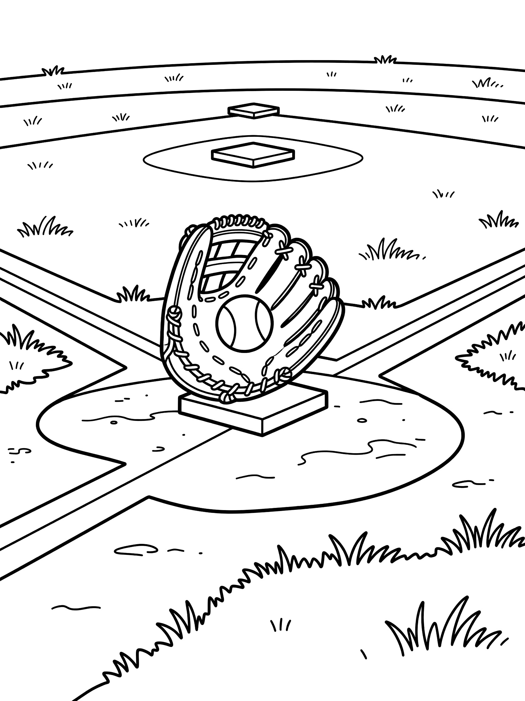 Black and white coloring page showing a baseball glove catching a bouncing ground ball on the infield dirt near second base, with base lines and patchy grass.
