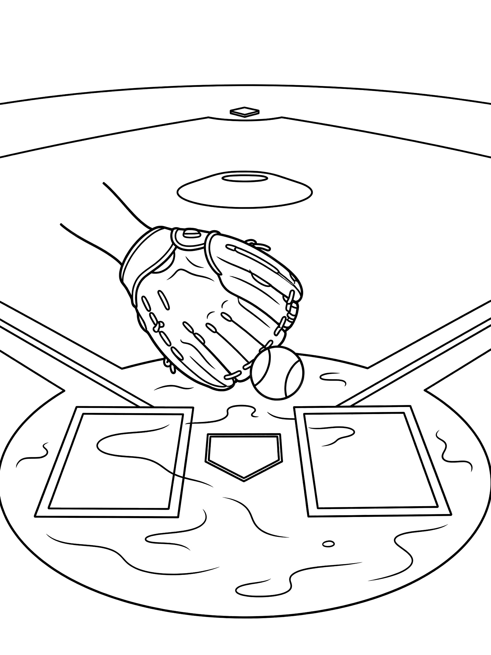 Black-and-white coloring page of a first baseman's baseball glove reaching for a low throw near home plate, showing the diamond, foul lines, and batter's box.