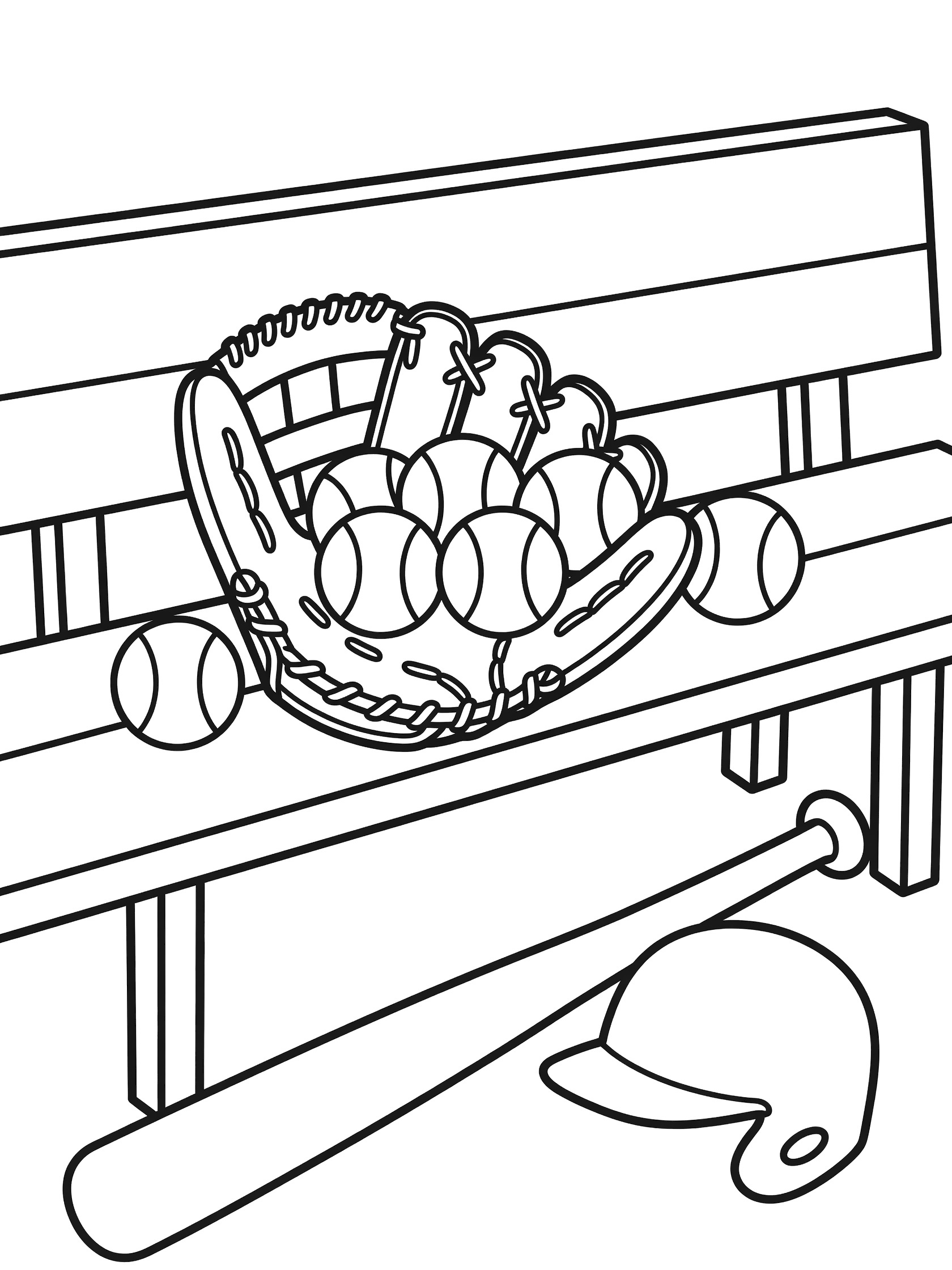 Black and white line art of a baseball glove holding several baseballs on a wooden dugout bench next to a bat and helmet