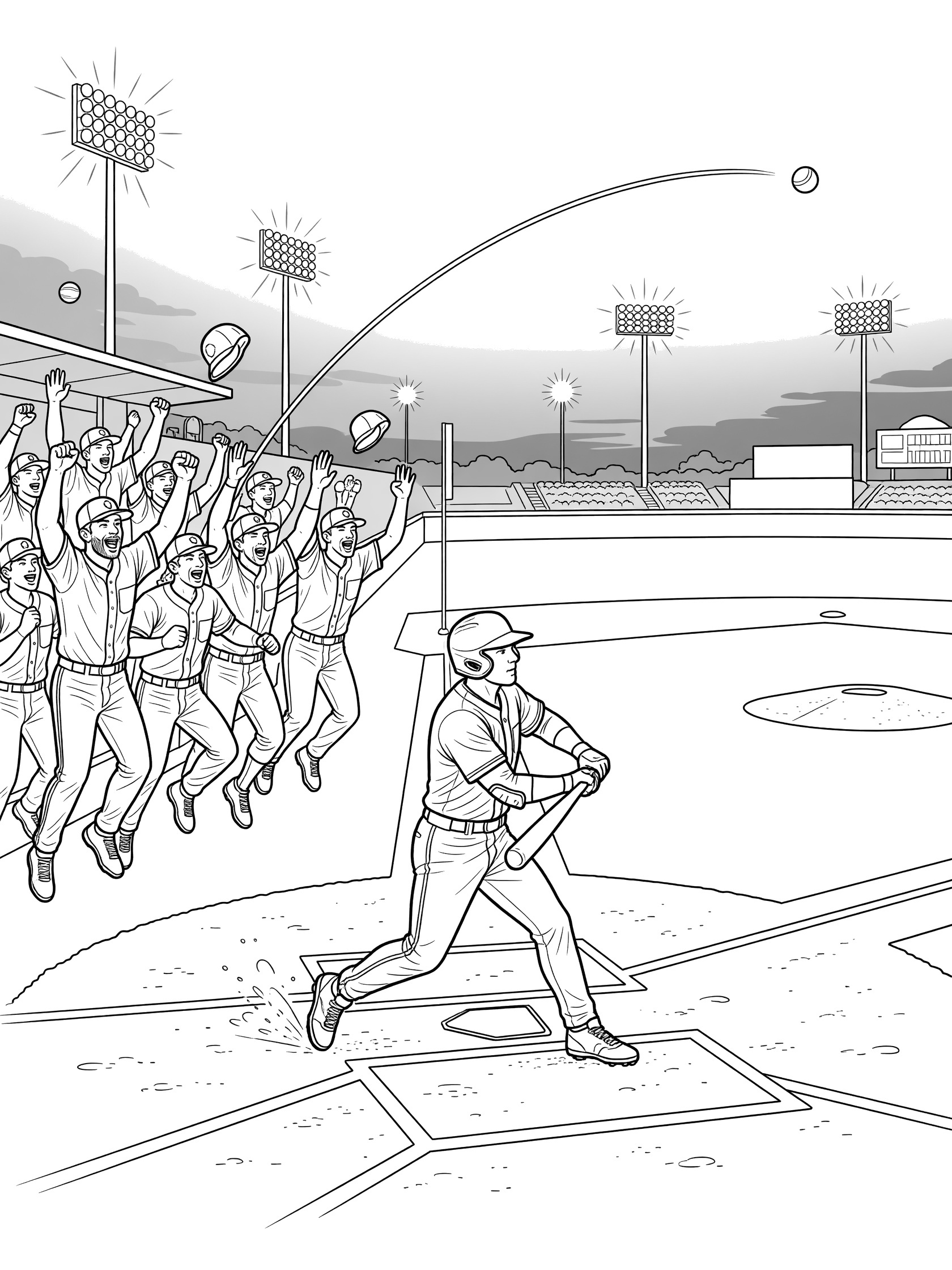 Line art coloring page showing baseball home run with hitter rounding first base, teammates jumping and cheering from dugout, and ball arcing over lights.