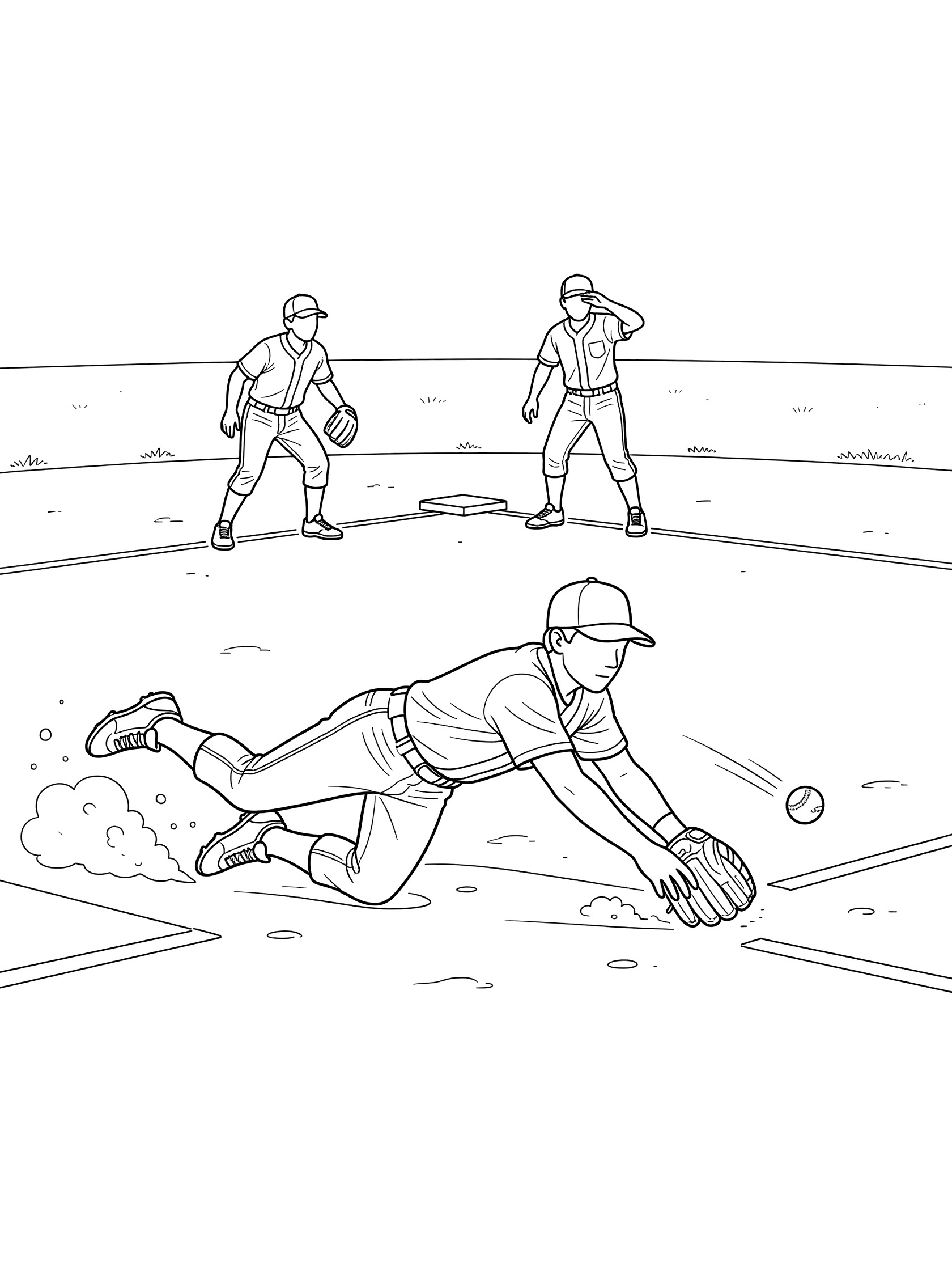 Black and white line art of infielder diving sideways to catch bouncing baseball ground ball in glove, with teammates near second base