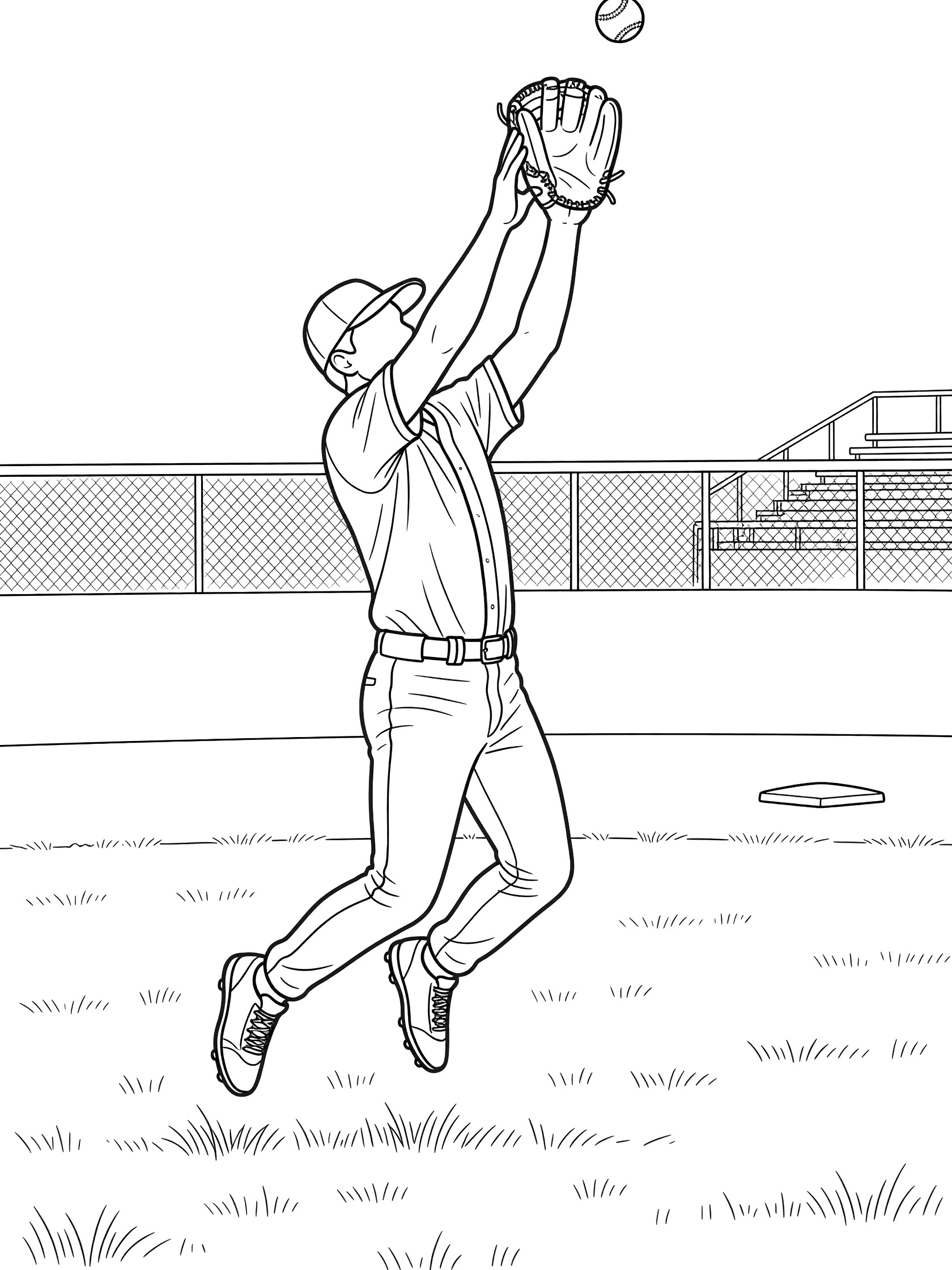 Black and white line art of outfielder wearing baseball cap, jumping with glove outstretched to catch high fly ball over outfield grass and fence.