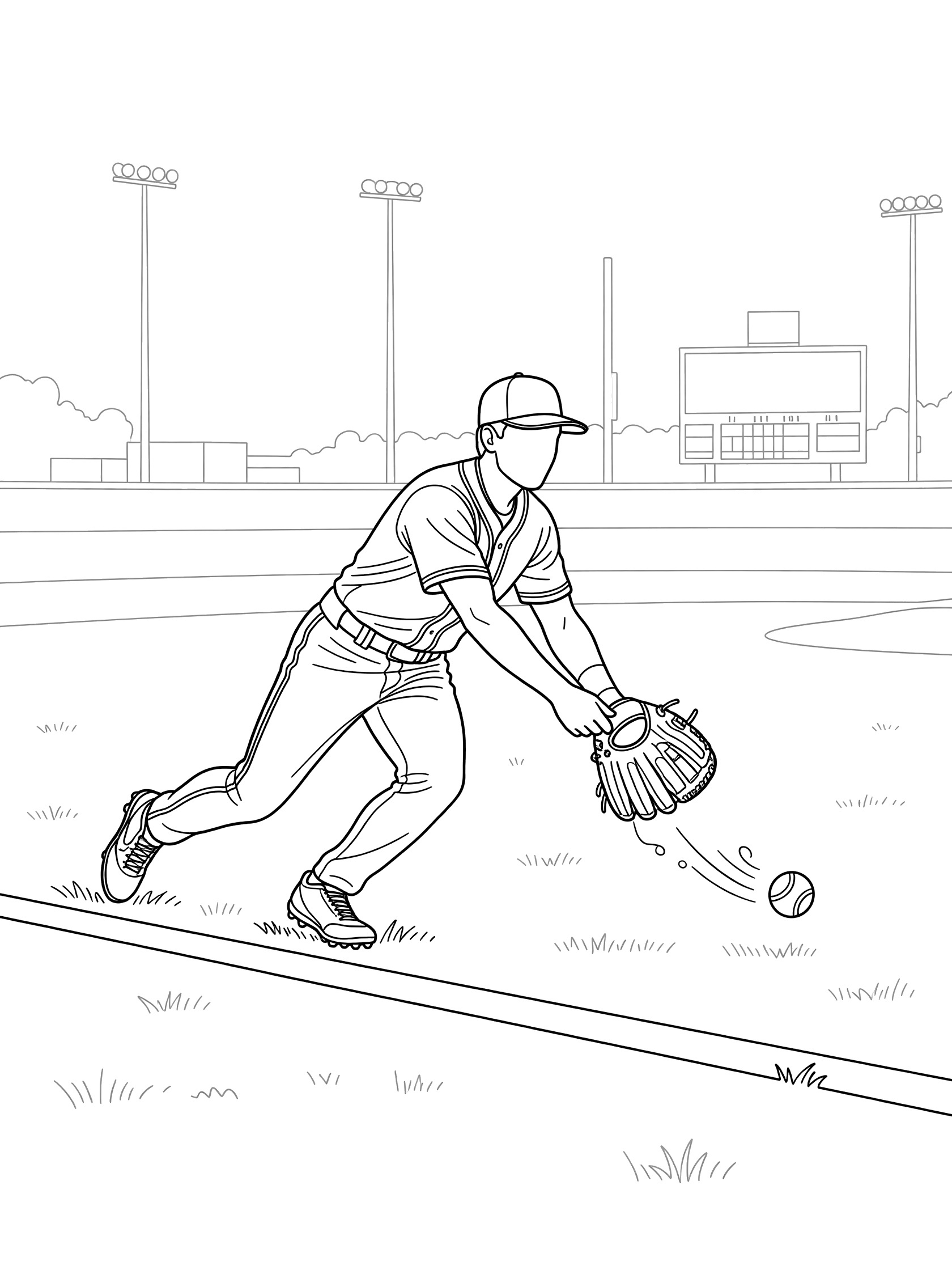 Black and white coloring page showing an outfielder sliding across grass to catch a baseball near the foul line, glove extended, with stadium background.