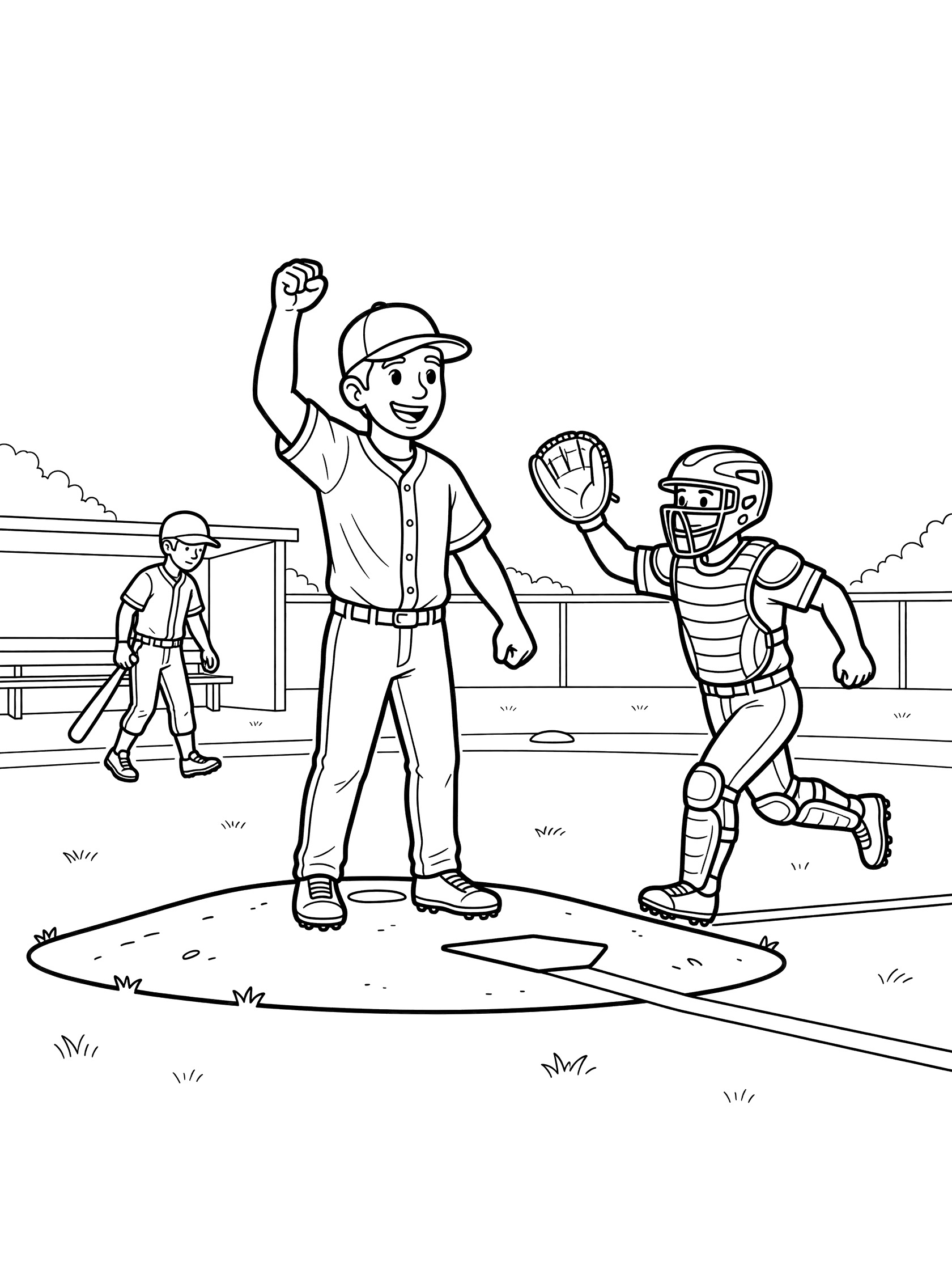 Black and white line art of a baseball pitcher celebrating a strikeout with fist pump, catcher rushing for high-five, dejected batter walking to dugout on sunny field.