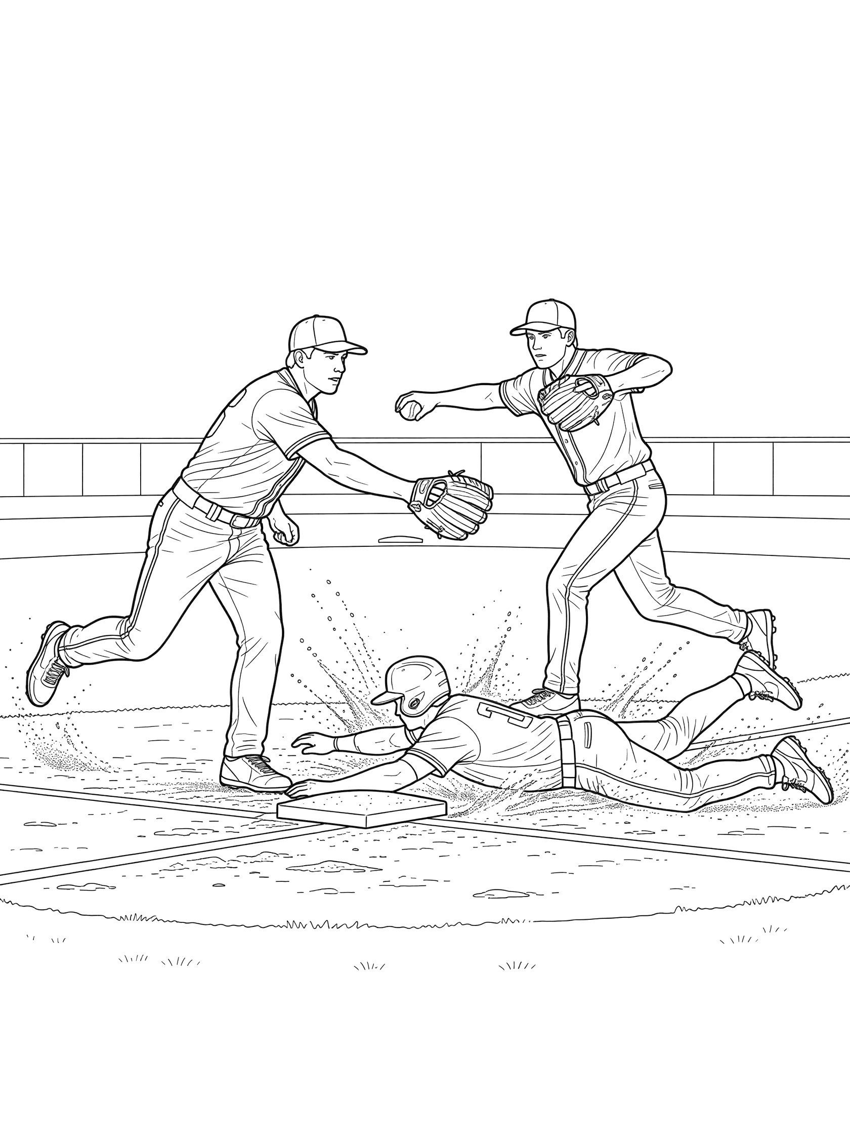 Black and white line art of pitcher stretching glove to first base while first baseman tosses ball and runner slides safely on baseball diamond