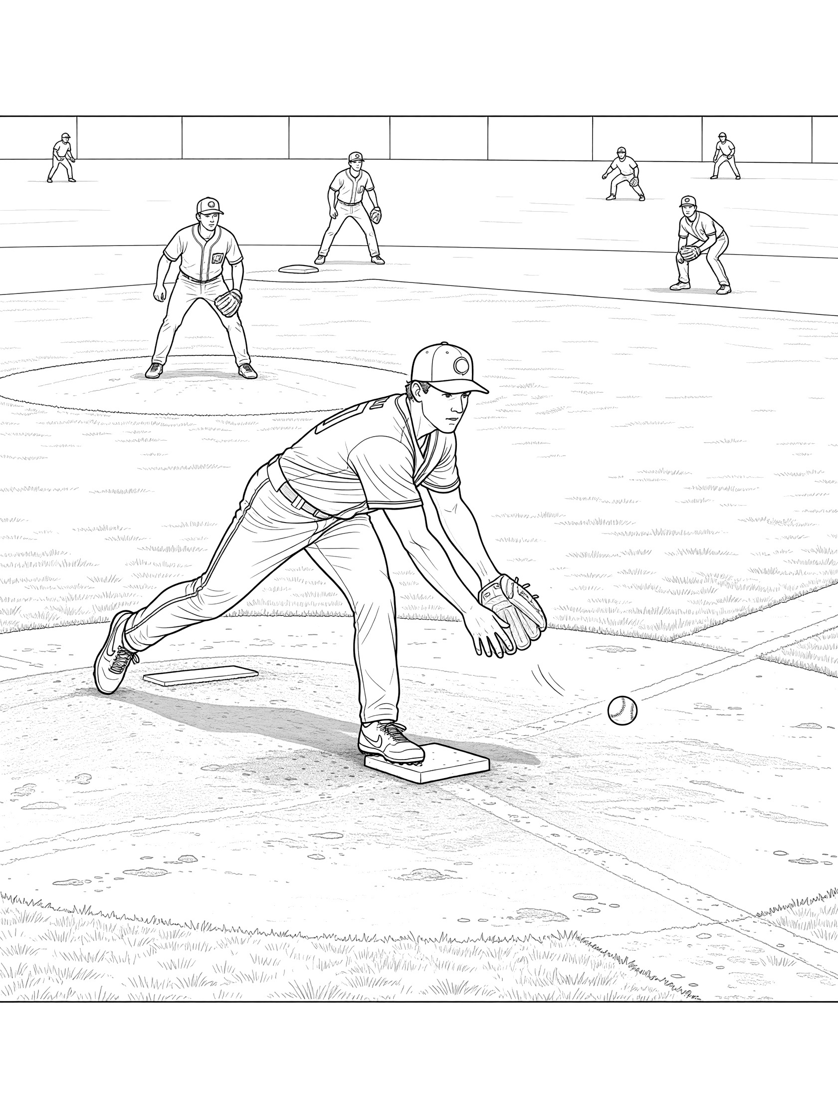 Black and white line art of a pitcher fielding a ground ball in baseball, with glove low to scoop it up near first base, teammates waiting, clean printable coloring page.