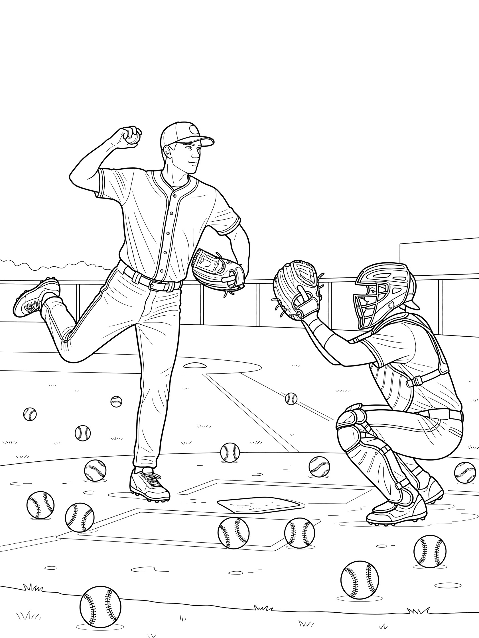 Black and white line art of pitcher in motion throwing to squatting catcher holding mitt, baseballs scattered nearby in bullpen area.