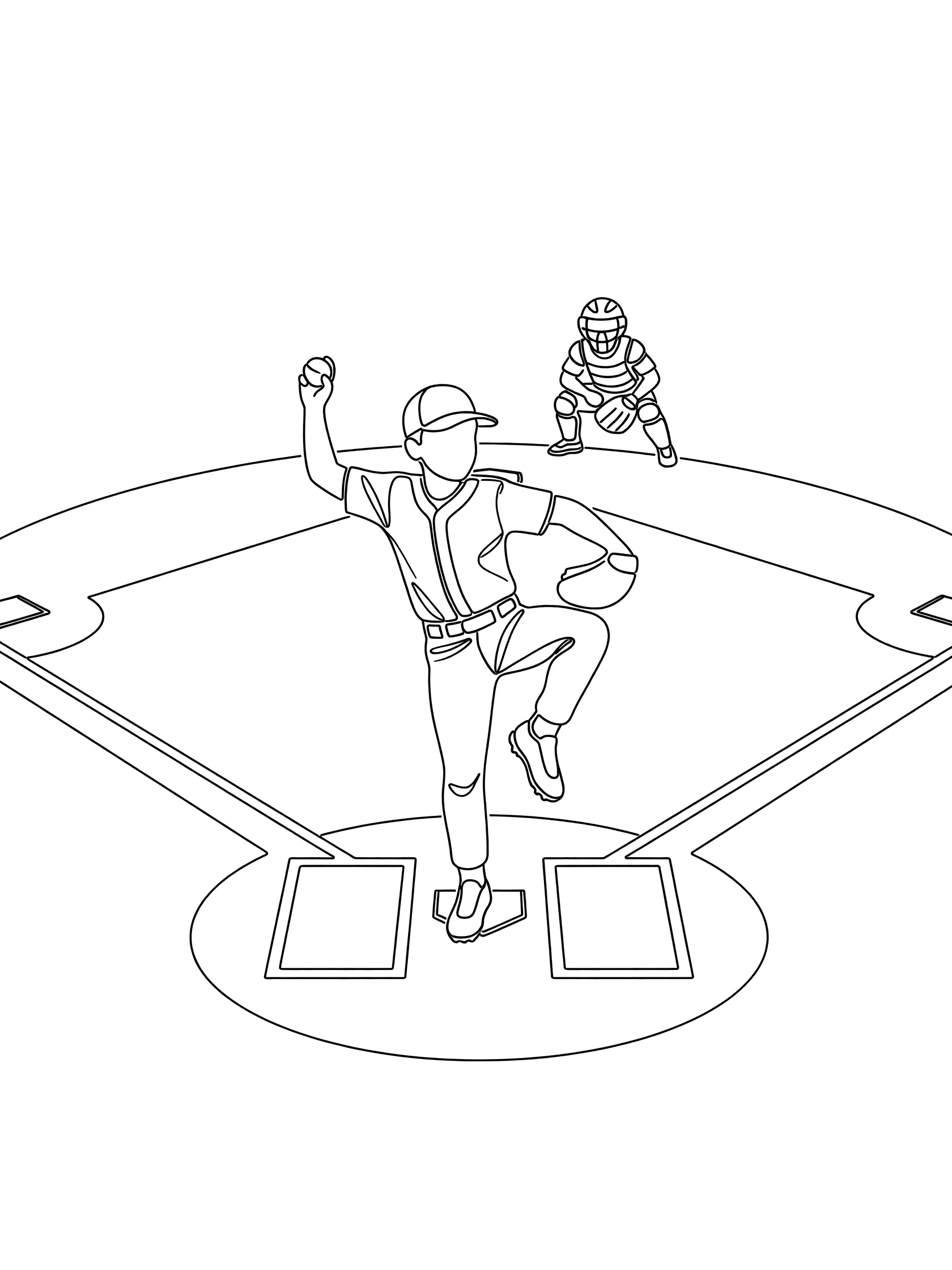 Black and white line art of a pitcher winding up to throw a baseball, with catcher crouched at home plate and full diamond field.