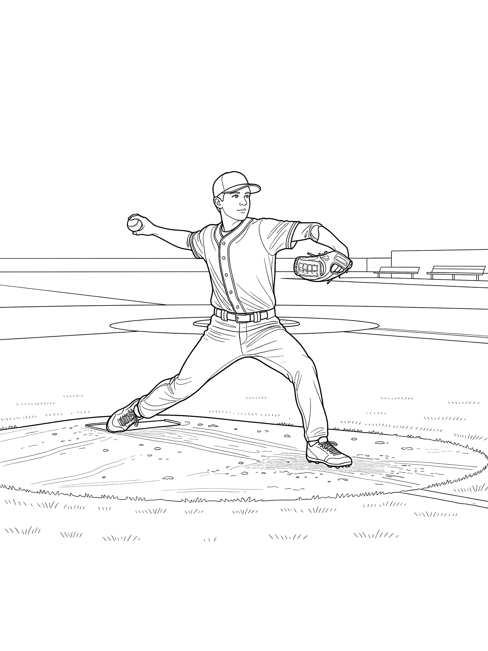 Black-and-white coloring page of a pitcher in baseball cap winding up to pitch on the mound in a sunny field