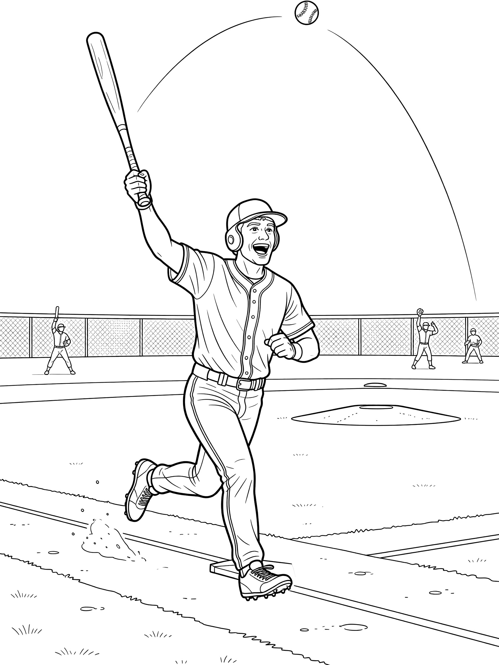 Black and white coloring page of a baseball player flipping his bat high after a home run, running past first base with the ball soaring over the outfield fence and other players in the background.