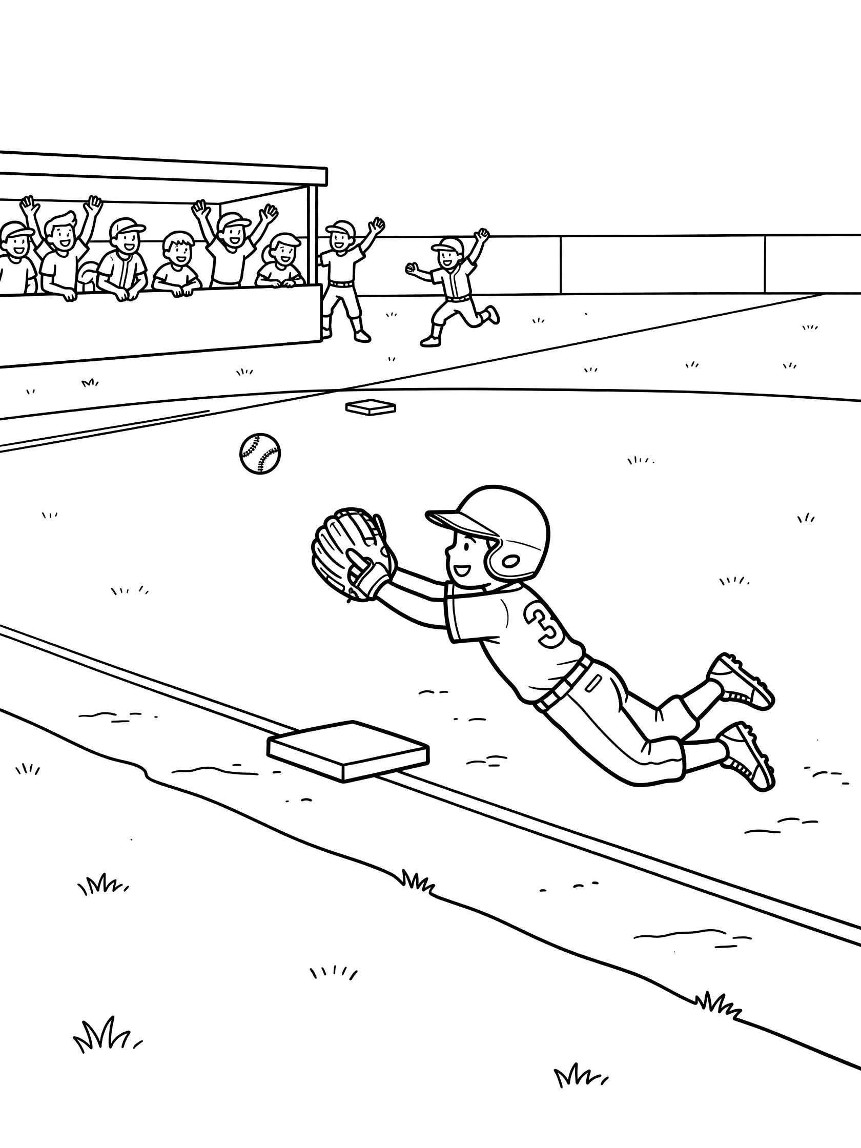 Black and white coloring page showing a young baseball player in uniform belly-sliding on dirt to make a diving catch with his glove near third base. Teammates cheer from dugout sidelines.