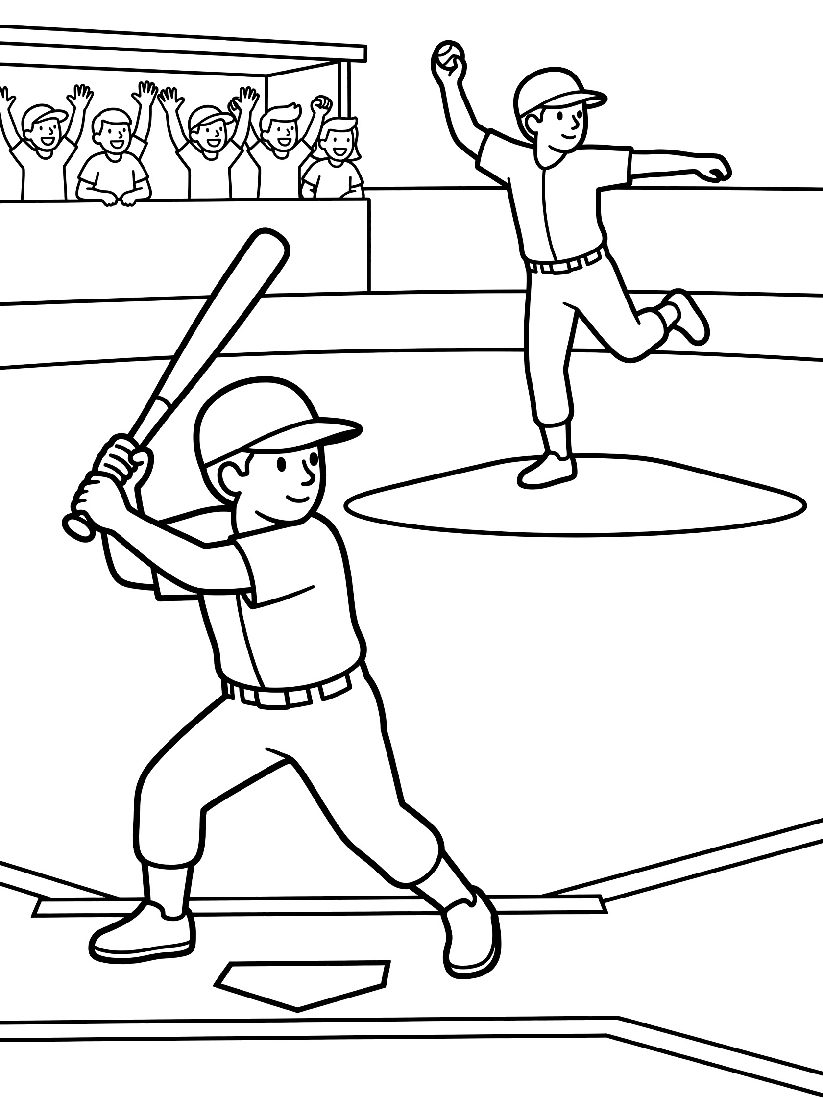 Black-and-white coloring page of baseball player gripping bat for bunt at home plate, pitcher on mound, teammates cheering from dugout