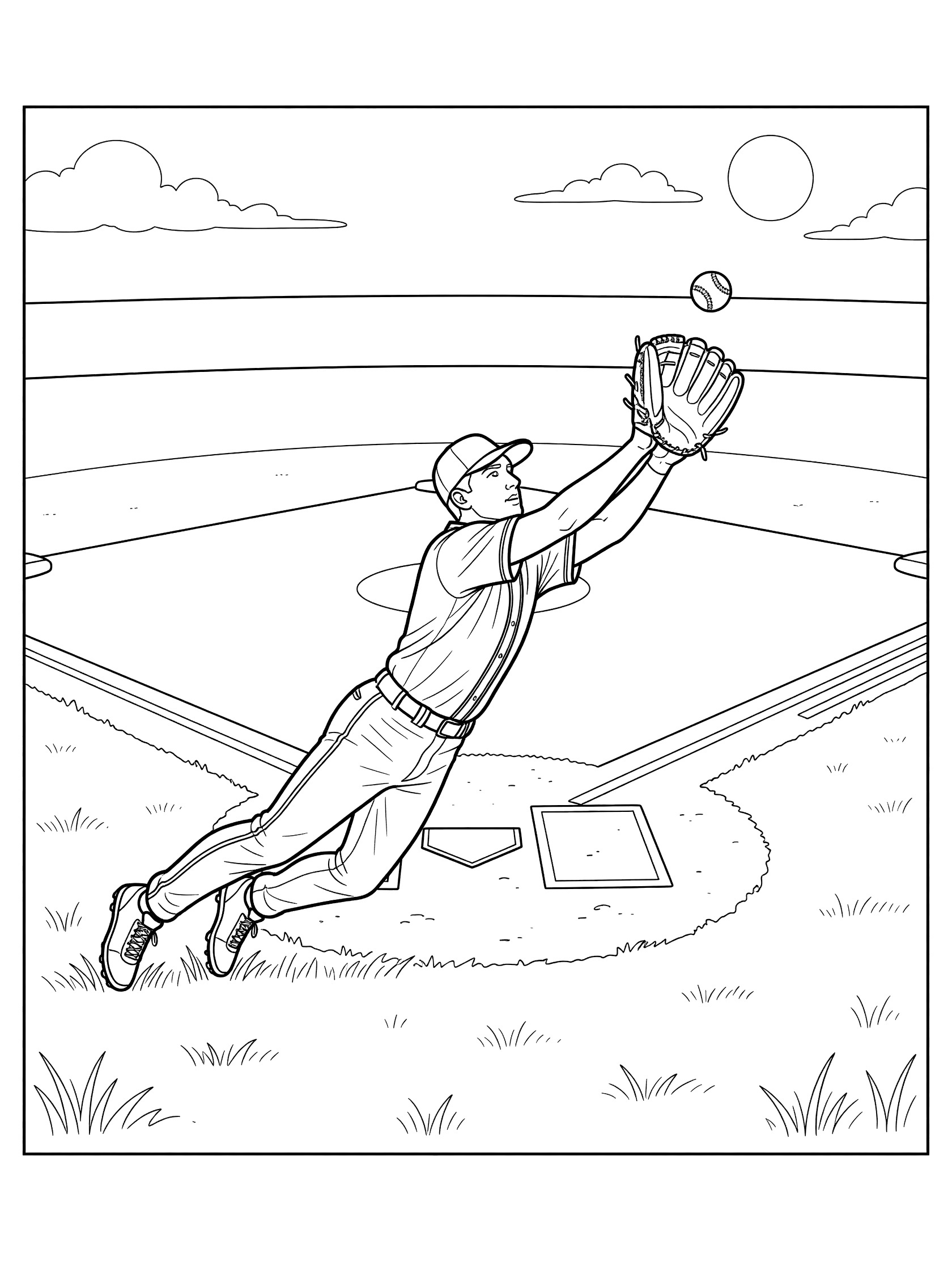 Black and white line art of outfielder diving full stretch on grass to snag high fly ball in oversized glove, with baseball field, bases, home plate, and sunny sky.