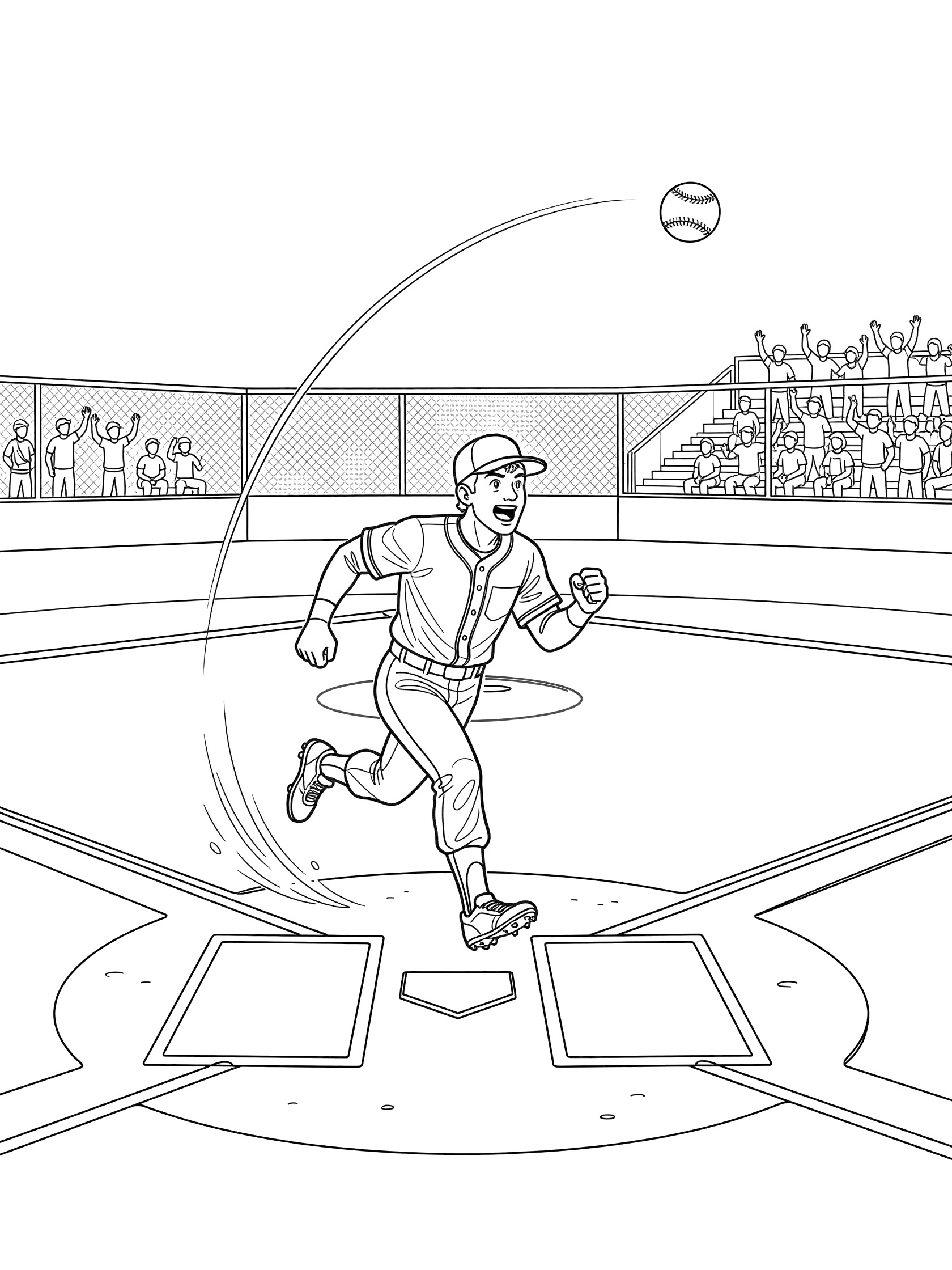 Black-and-white coloring page of a baseball player in uniform sprinting around the bases toward home plate after a home run, with soaring baseball and stadium crowd.