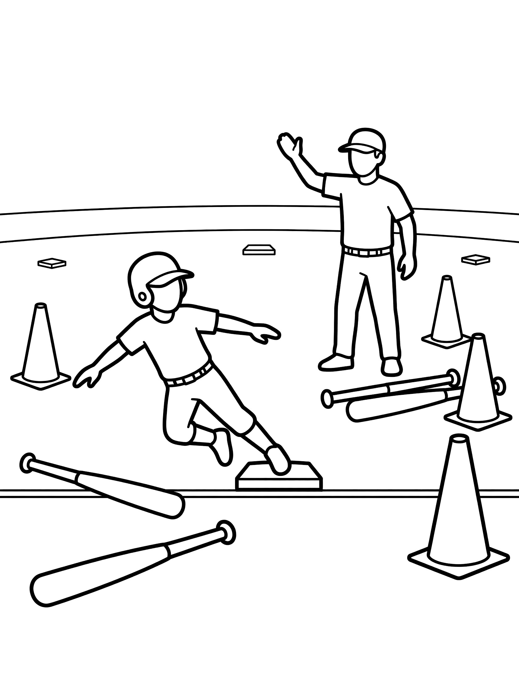 Black and white coloring page of a young baseball player in helmet sliding feet-first into base on practice field with coach waving, cones and scattered bats around.