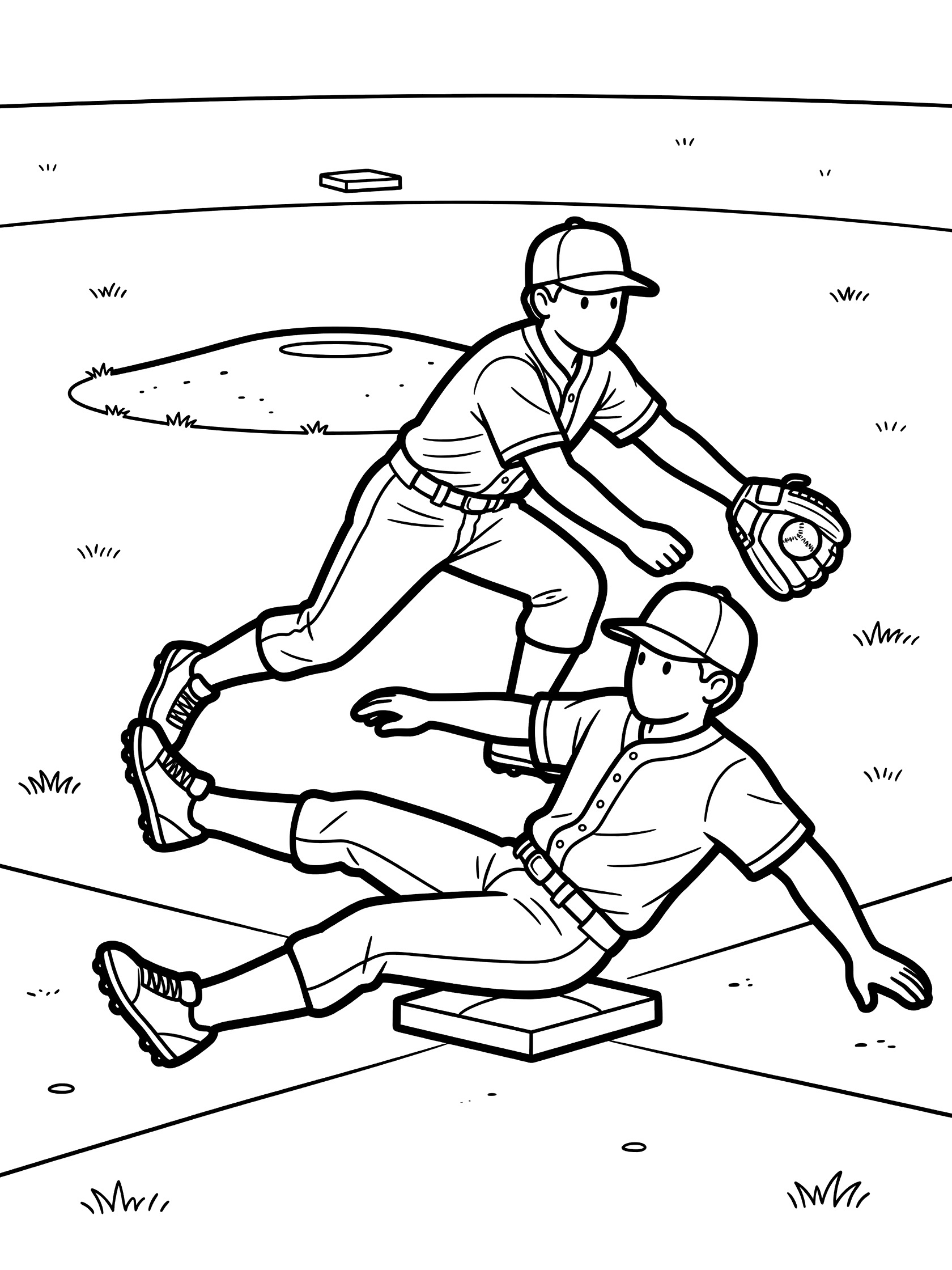 Black and white line art of a baseball player sliding feet-first into second base, shortstop lunging with ball, pitcher mound and first base visible on grassy field.
