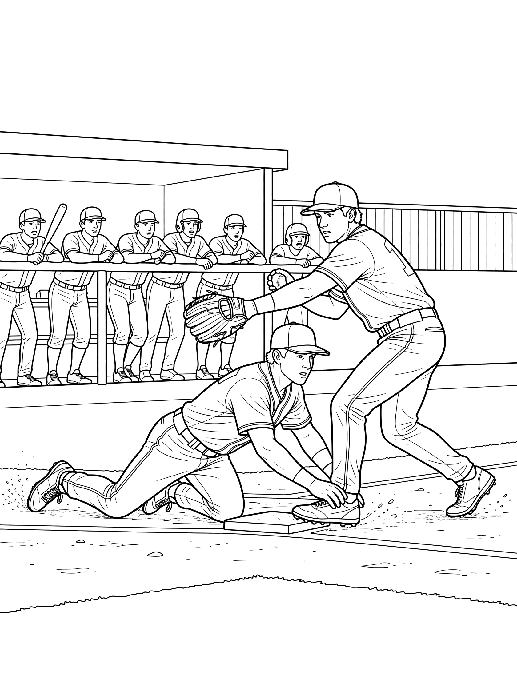 Black and white coloring page of baserunner diving low sliding under third baseman's glove tag into third base on dusty field with dugout and fence.