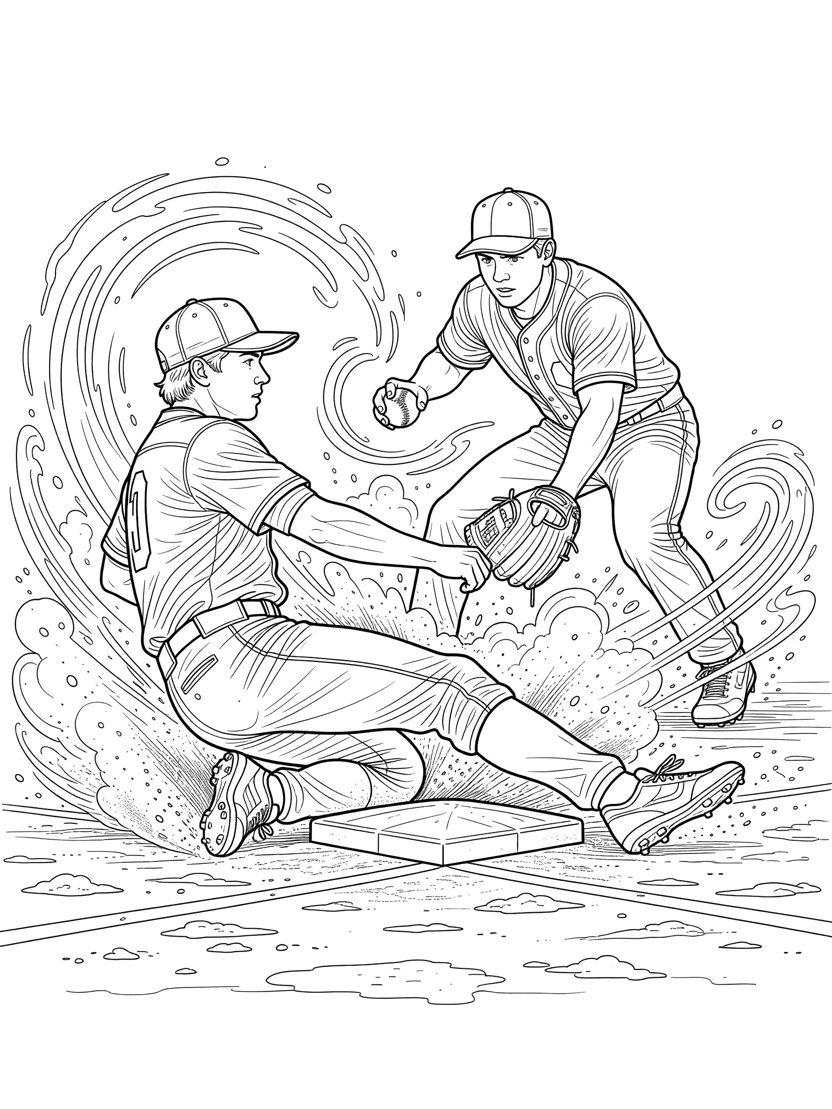 Black and white coloring page of a baserunner wearing a baseball cap sliding into second base on dirt infield with fielder stretching glove for the ball and dust clouds.