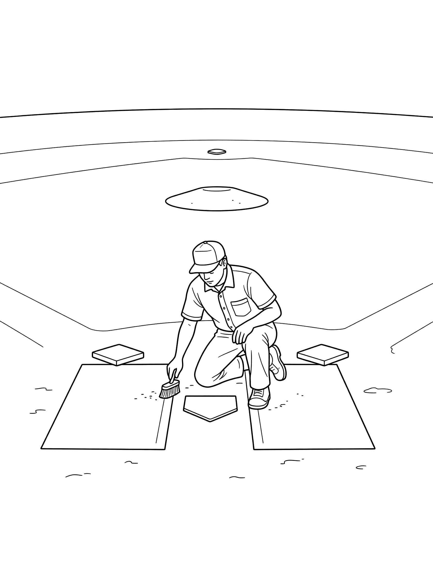 Line art coloring page showing umpire in uniform kneeling at home plate with brush, dusting off dirt near first and third bases on baseball field