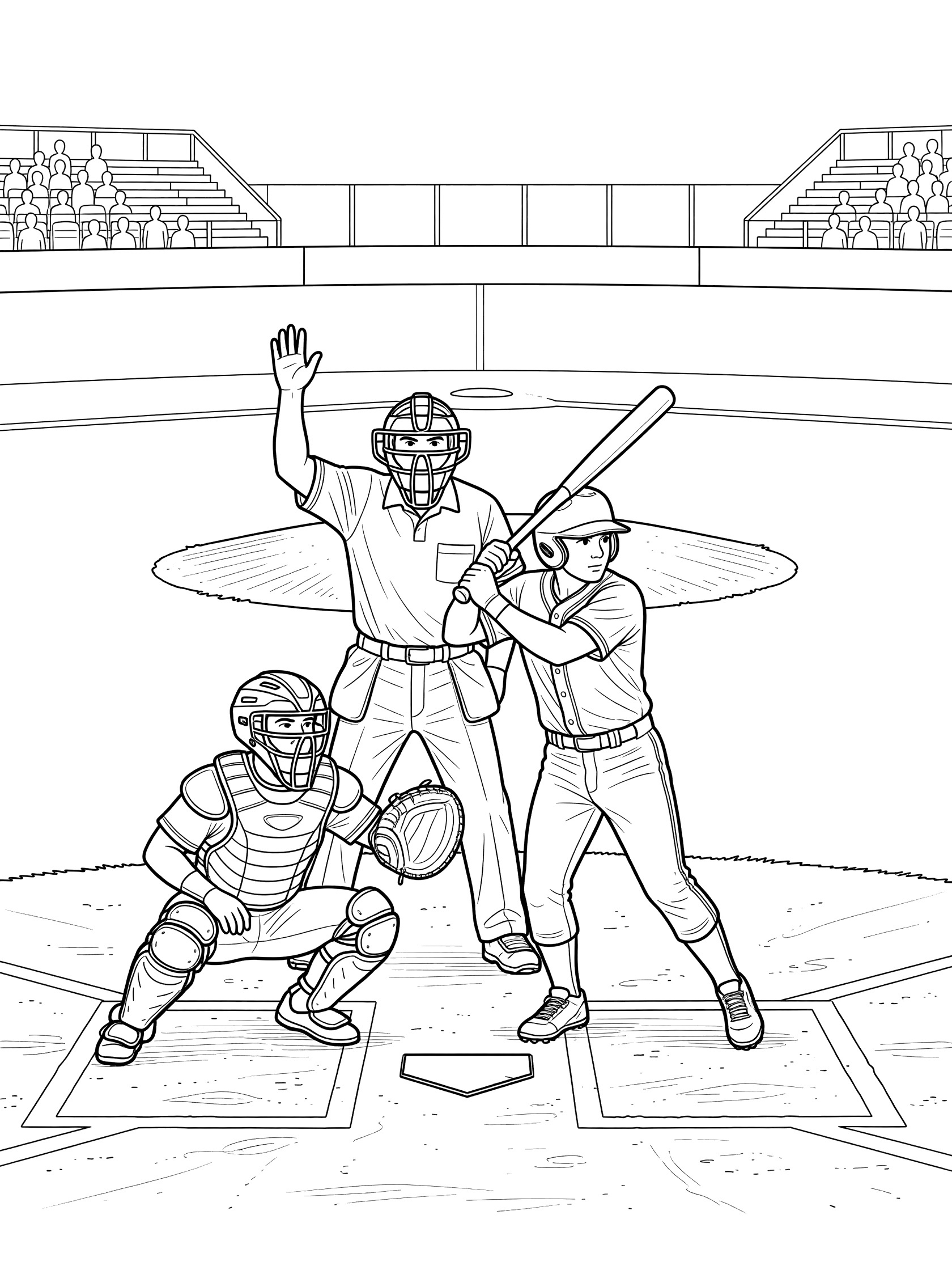 Black-and-white coloring page of a baseball umpire with arm raised calling a strike, batter mid-swing at home plate, and catcher crouched, on a sunny diamond with stands.