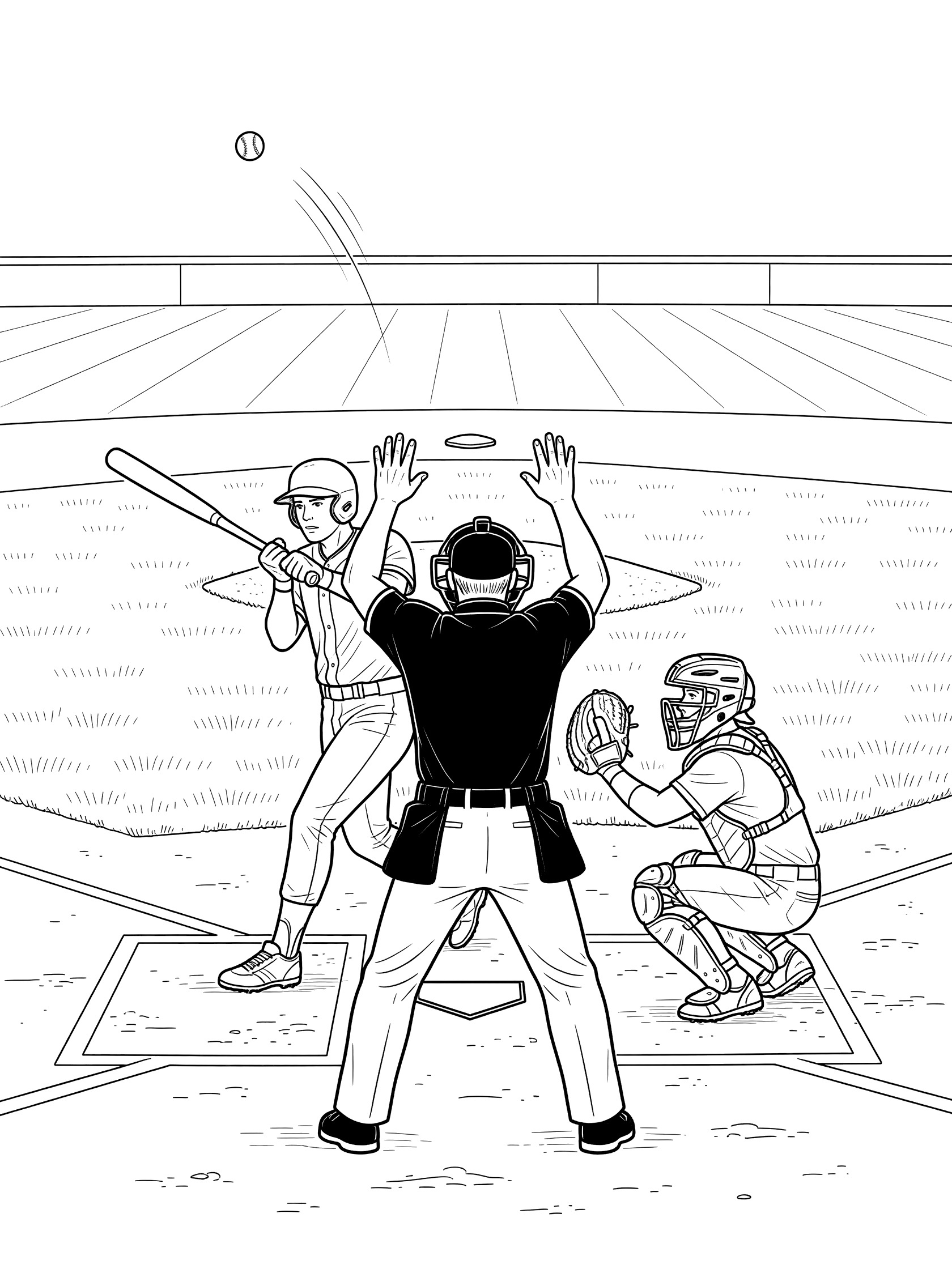Black and white line art of baseball umpire with hands up calling foul ball from behind the batter, batter swinging bat, catcher ready, ball flying high, on baseball field.